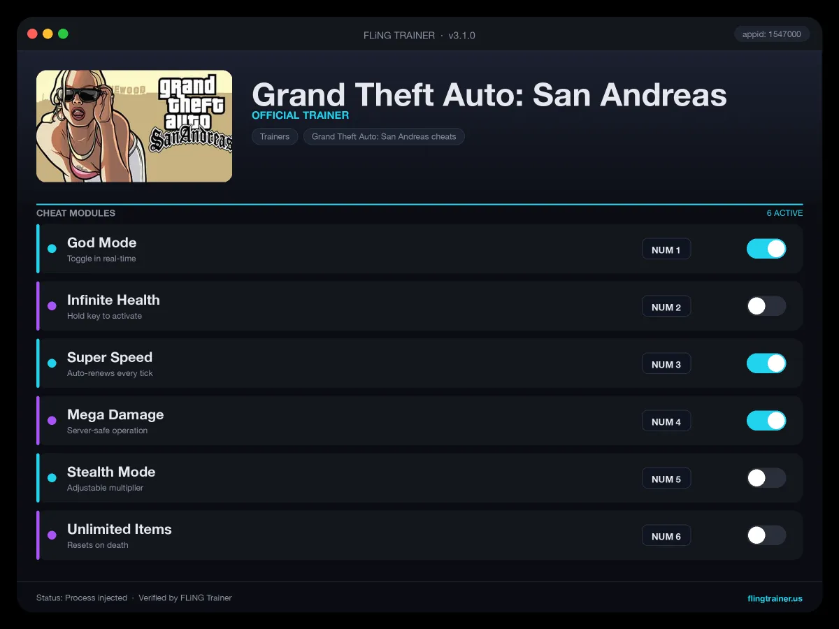 Grand Theft Auto: San Andreas Trainer interface