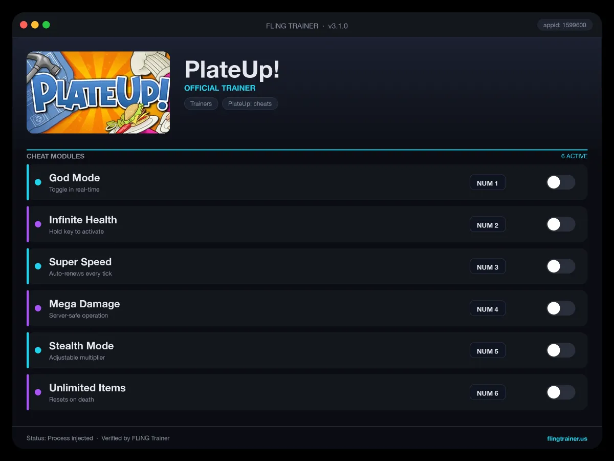 PlateUp! Trainer interface