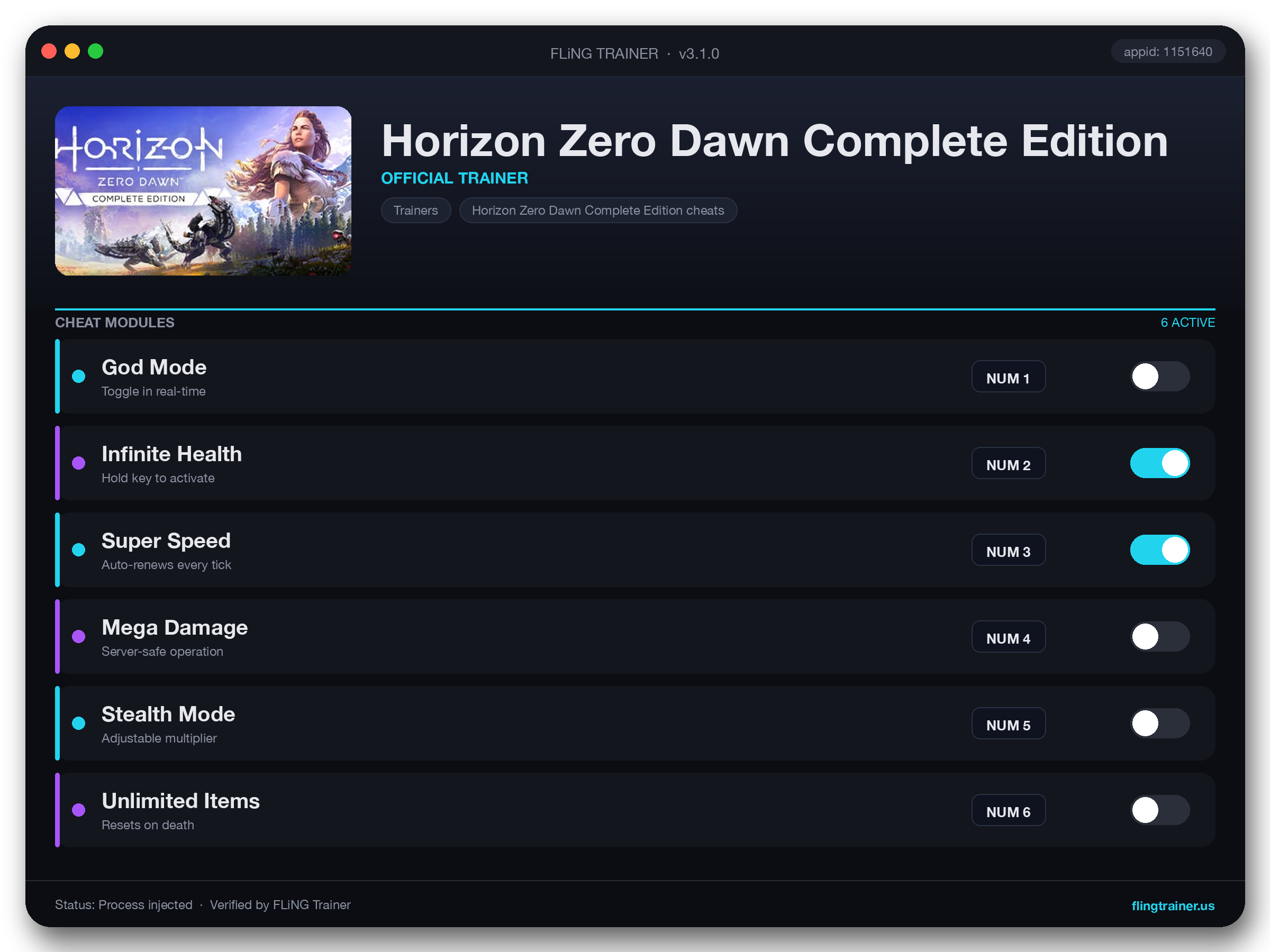 Horizon Zero Dawn Complete Edition Trainer interface