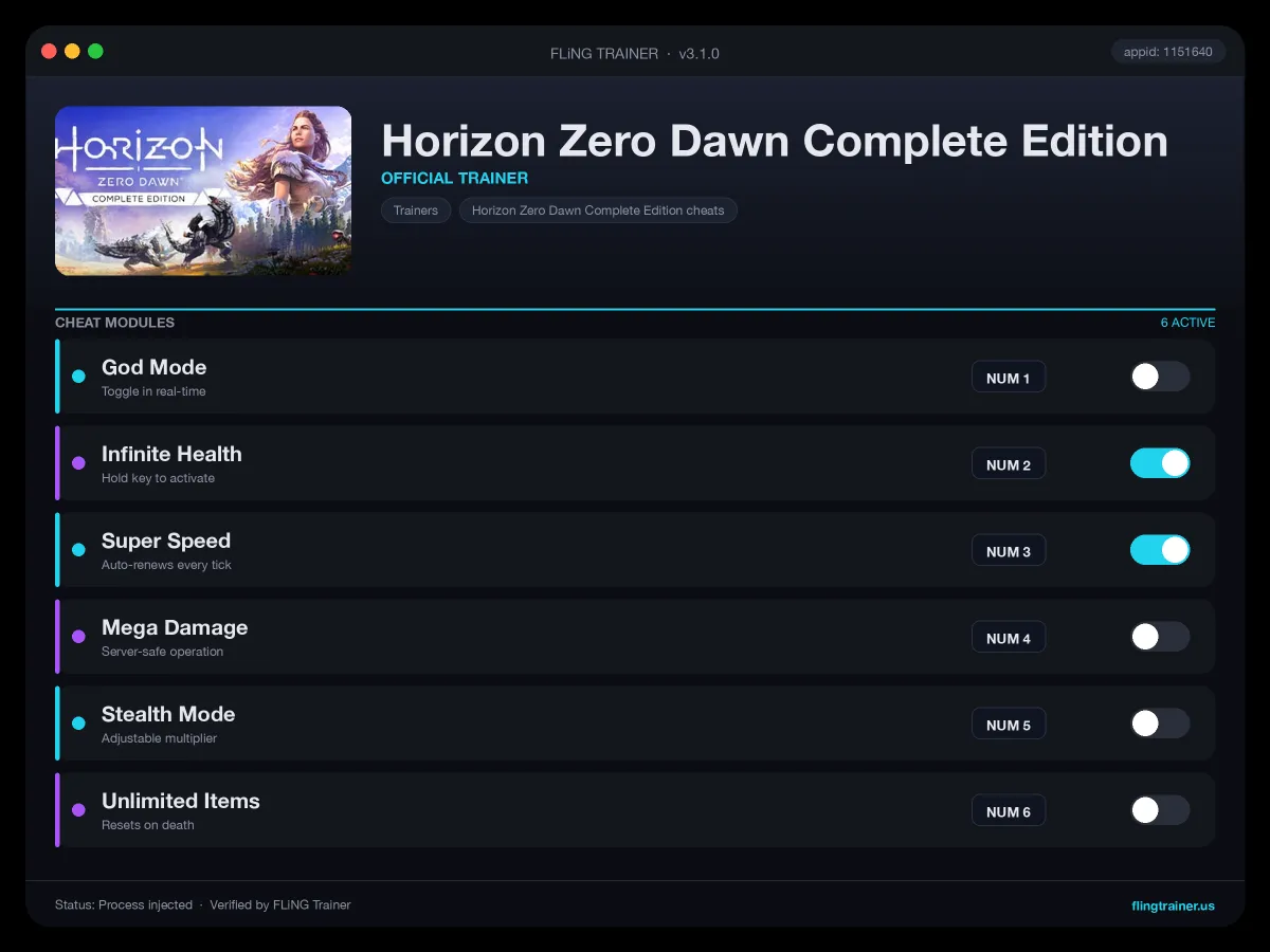Horizon Zero Dawn Complete Edition Trainer interface