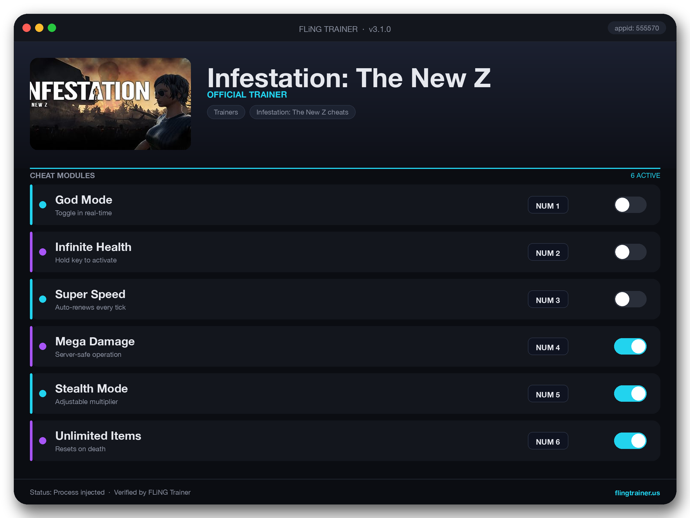 Infestation: The New Z Trainer interface