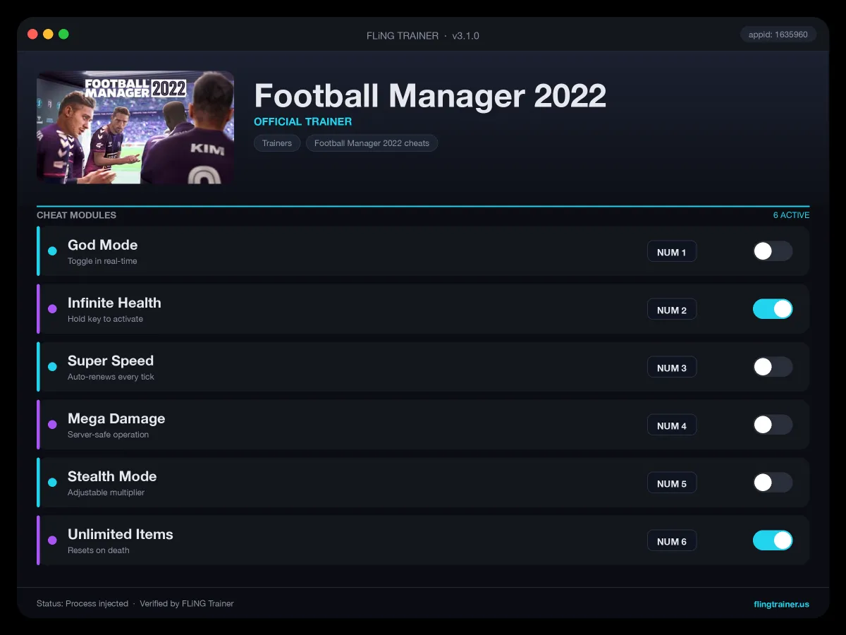 Football Manager 2022 Trainer interface