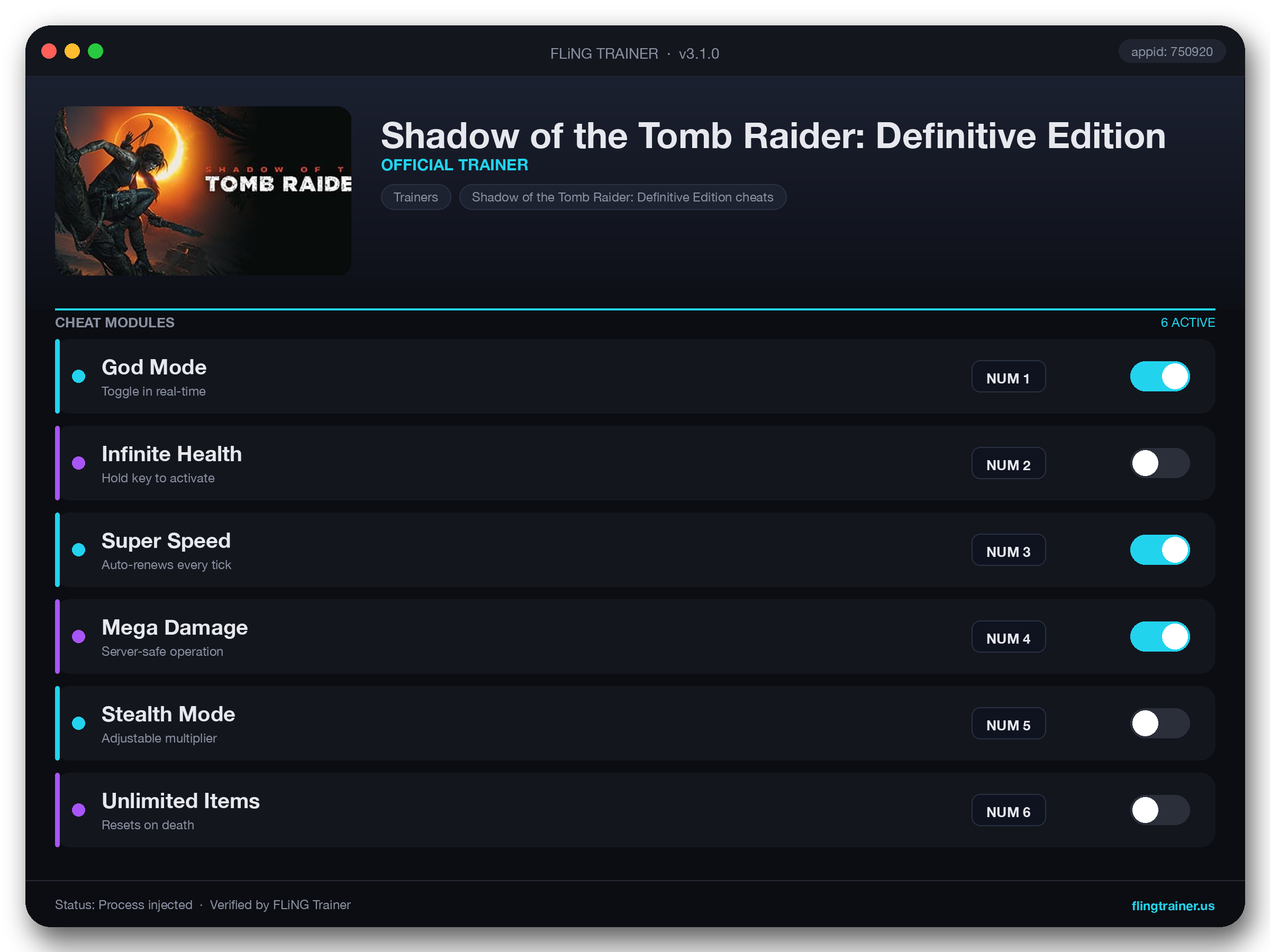 Shadow of the Tomb Raider: Definitive Edition Trainer interface