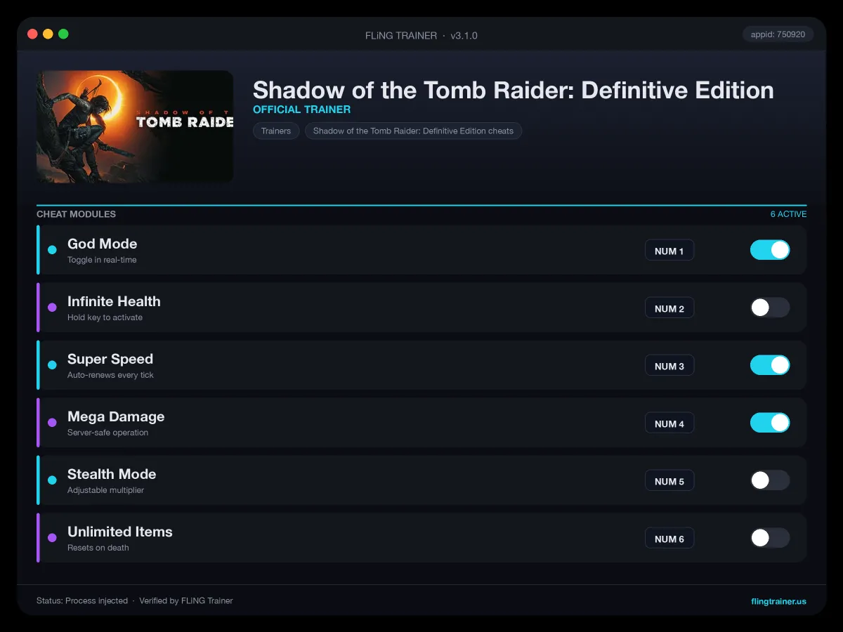 Shadow of the Tomb Raider: Definitive Edition Trainer interface