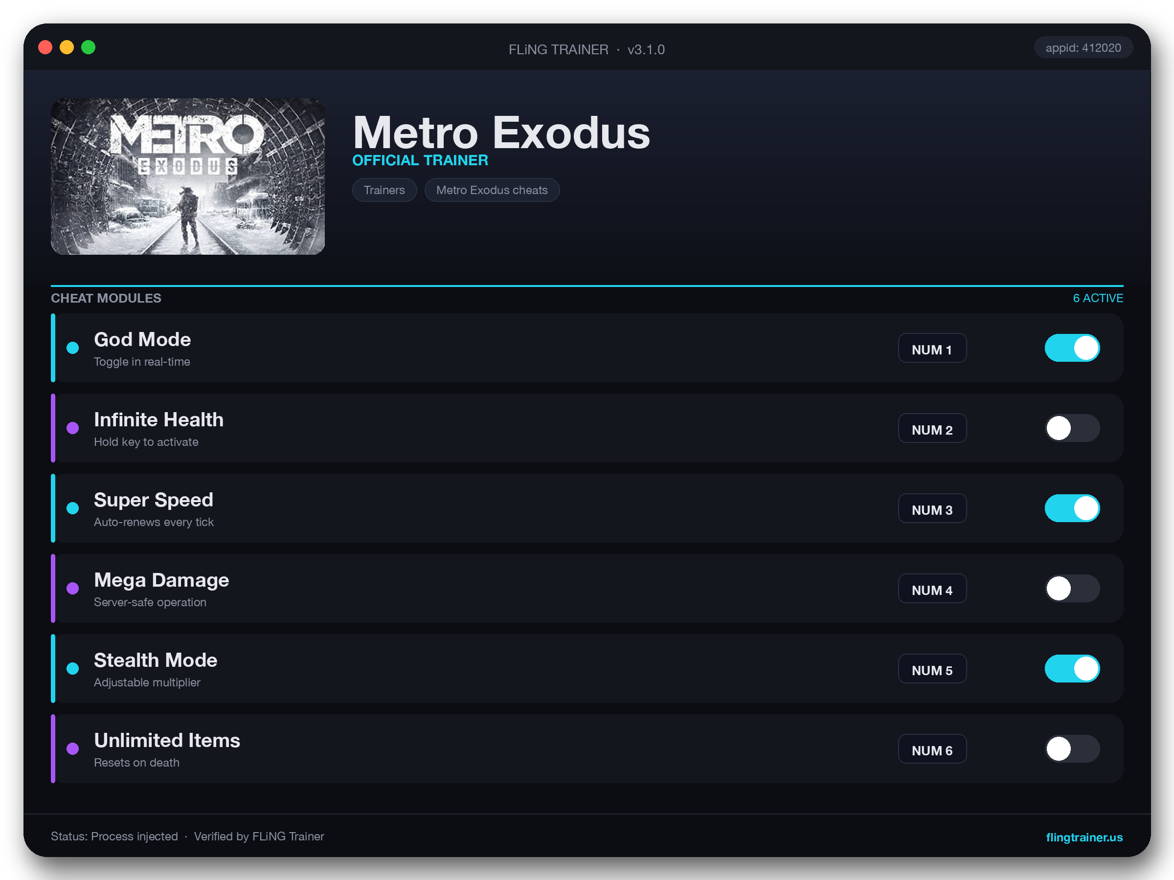 Metro Exodus Trainer interface