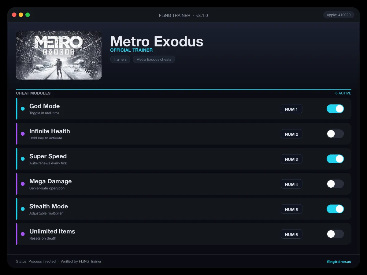 Metro Exodus Trainer interface