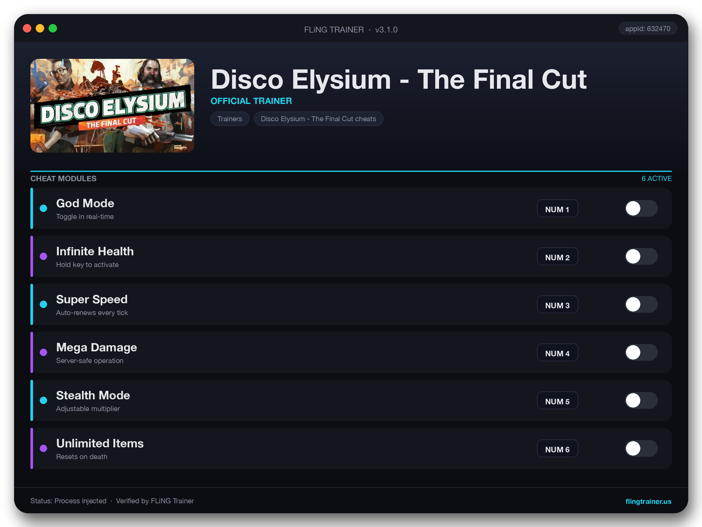 Disco Elysium - The Final Cut Trainer interface