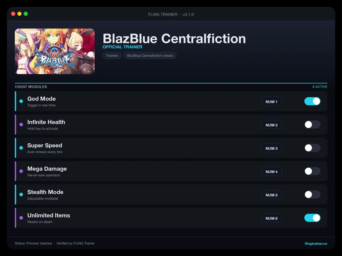 BlazBlue Centralfiction Trainer interface