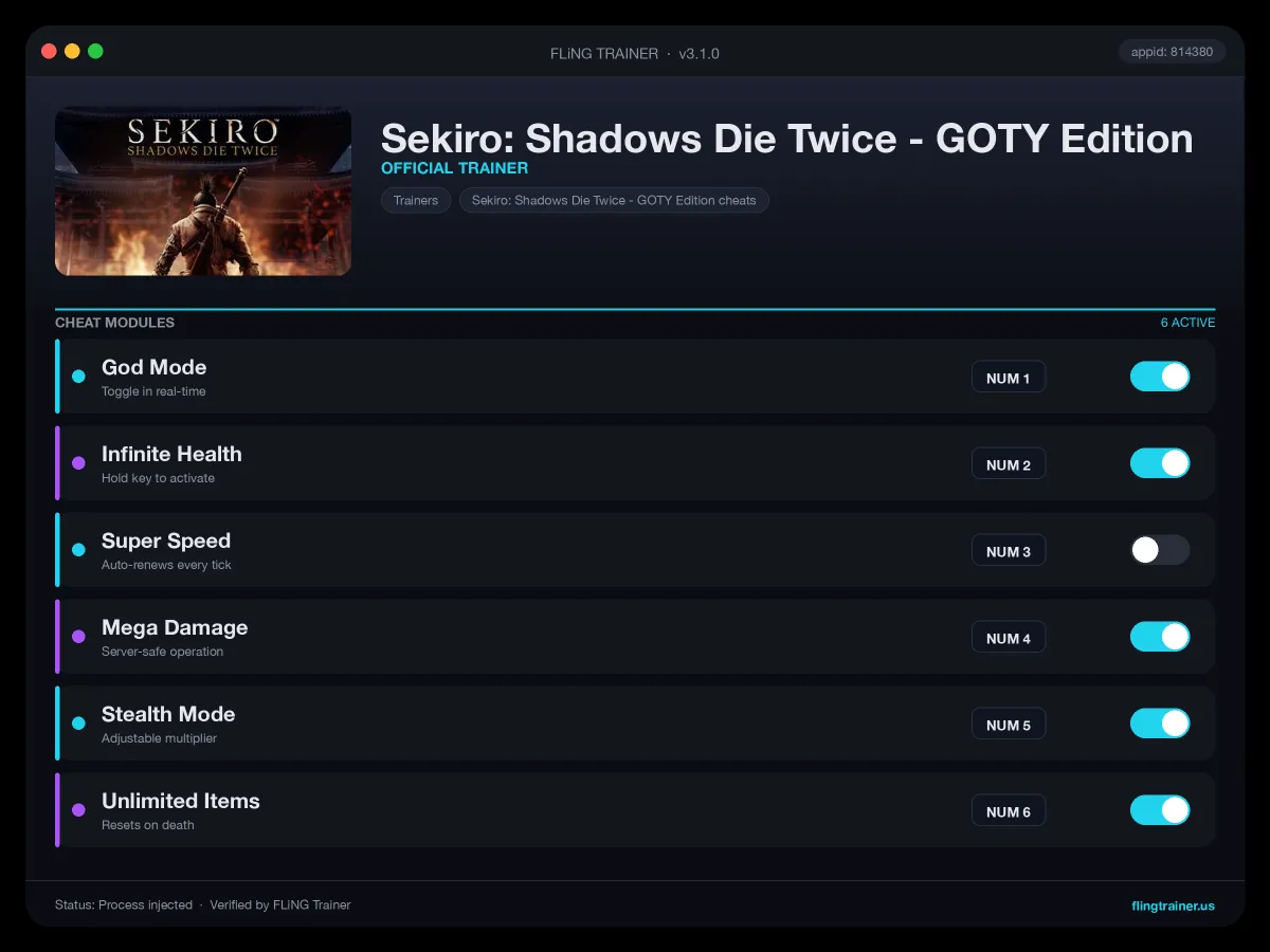 Sekiro: Shadows Die Twice - GOTY Edition Trainer interface