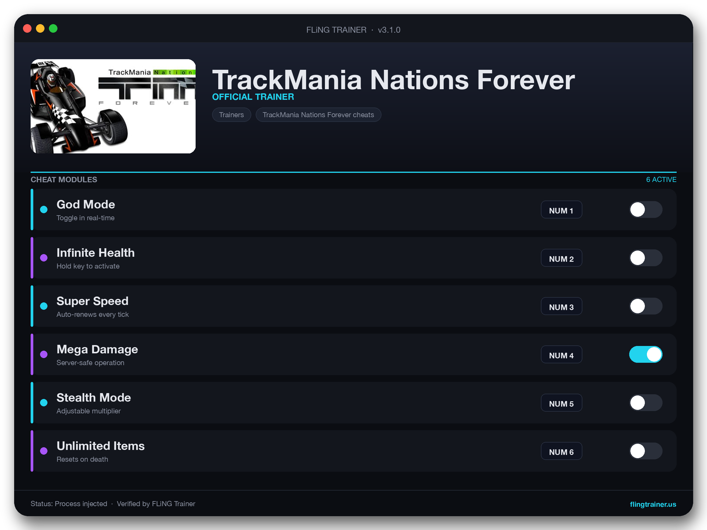 TrackMania Nations Forever Trainer interface