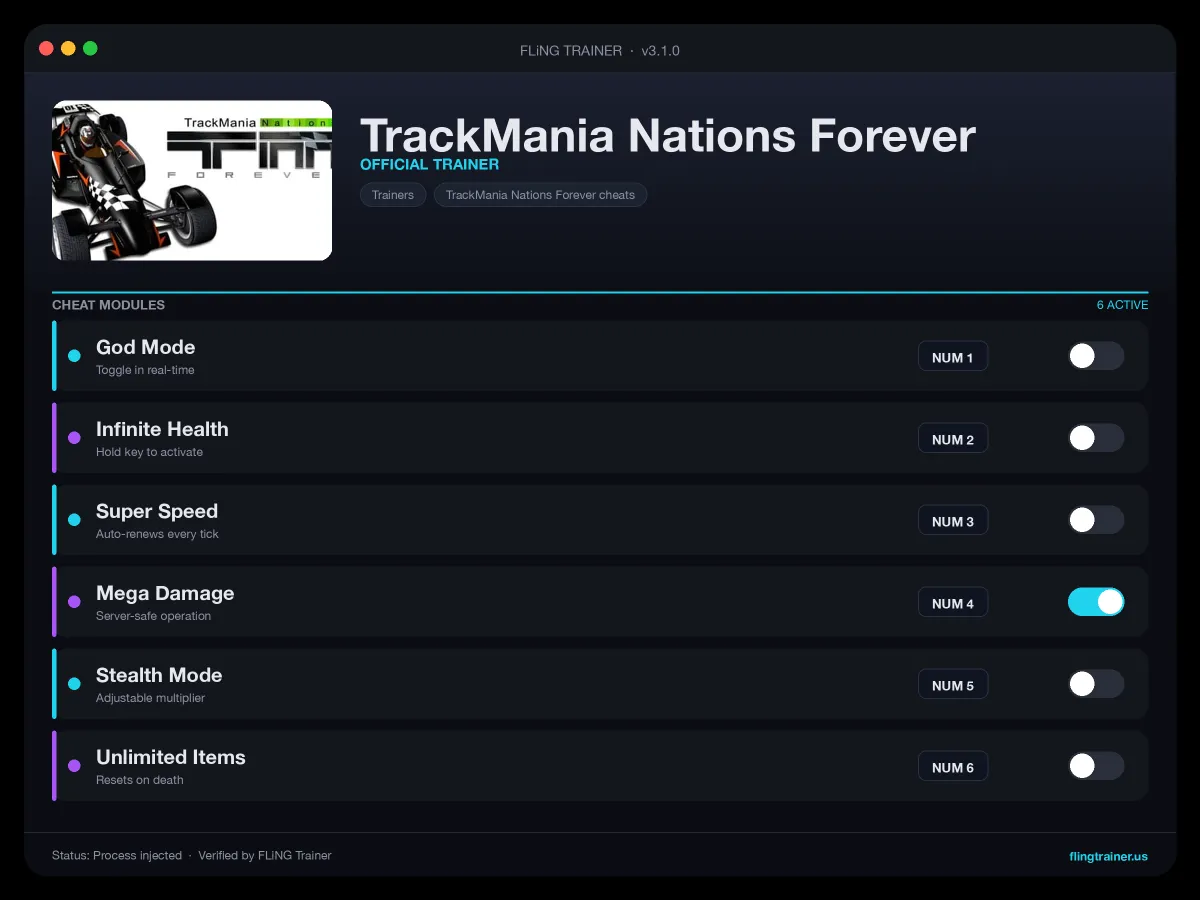 TrackMania Nations Forever Trainer interface