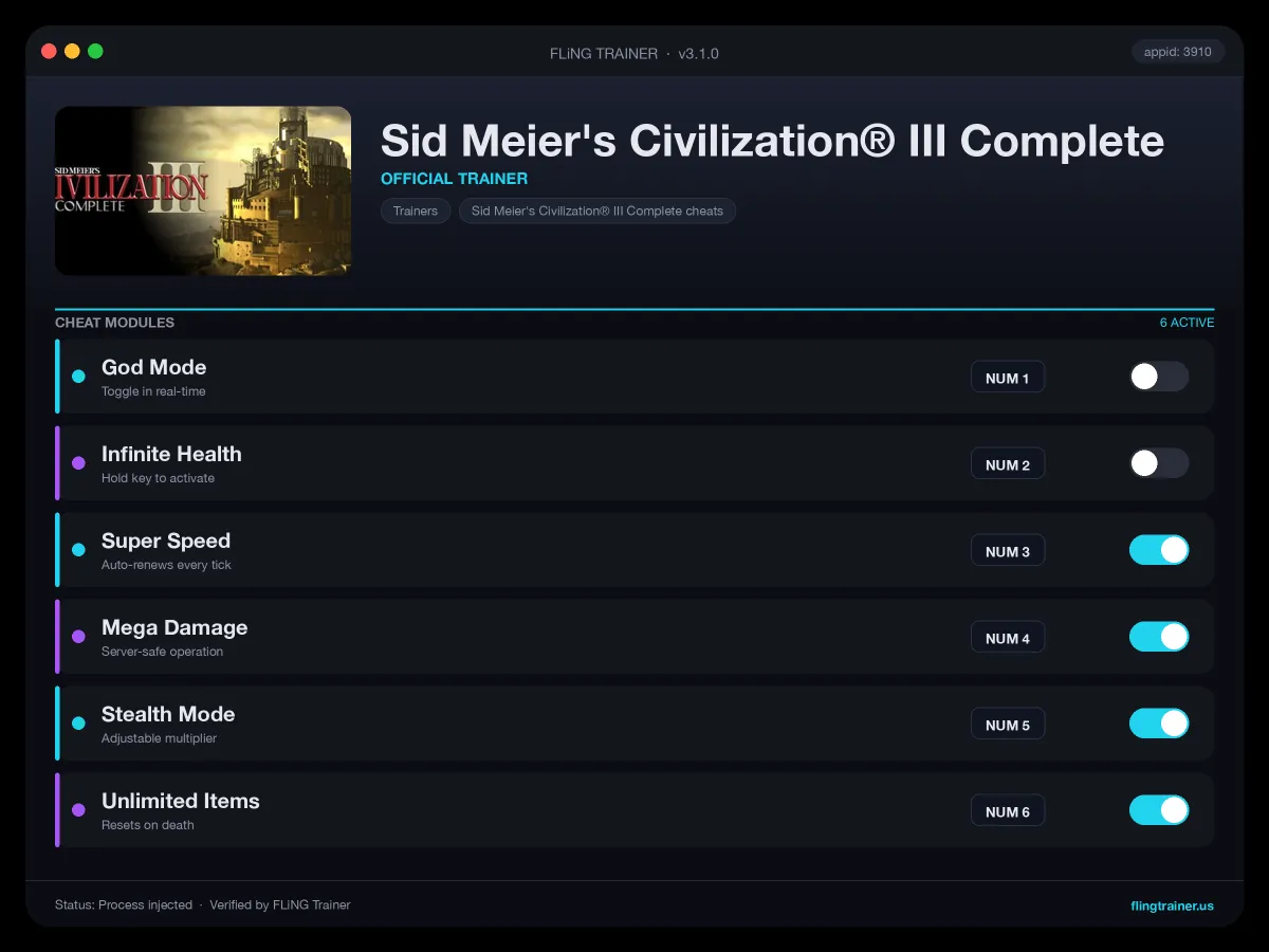 Sid Meier's Civilization® III Complete Trainer interface