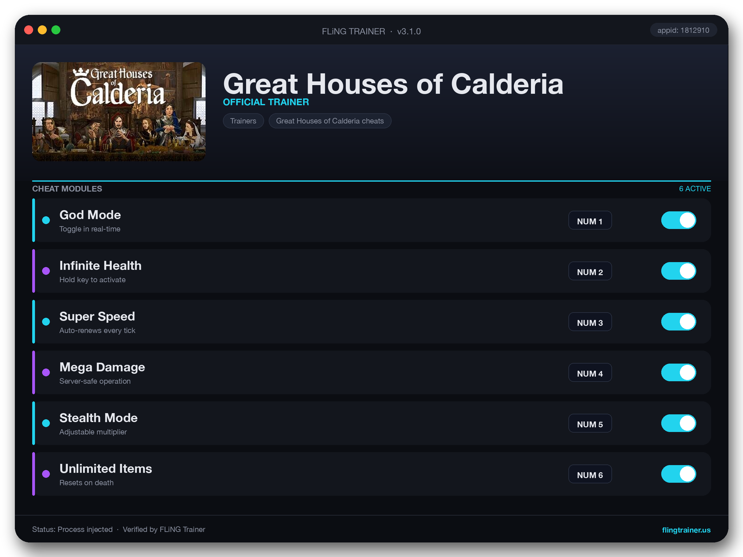 Great Houses of Calderia Trainer interface