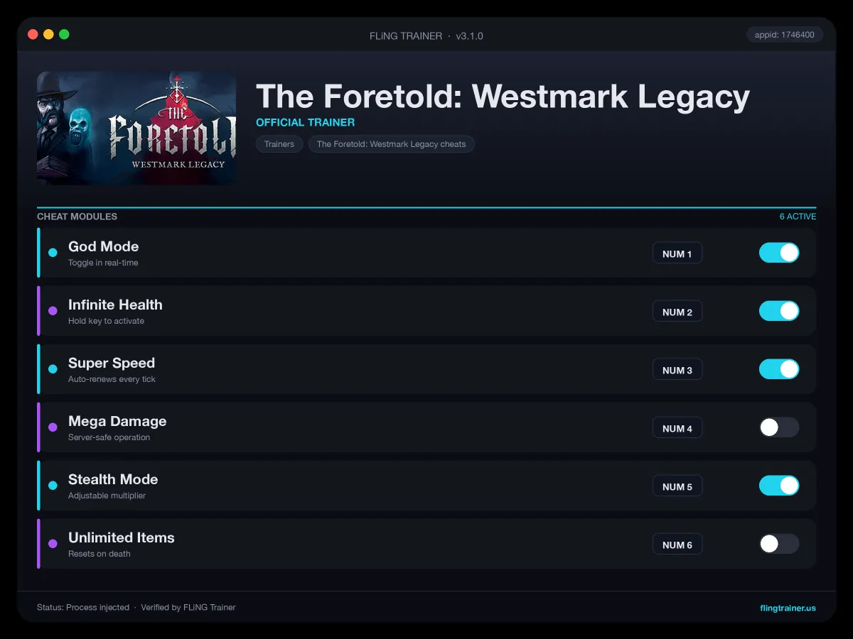The Foretold: Westmark Legacy Trainer interface