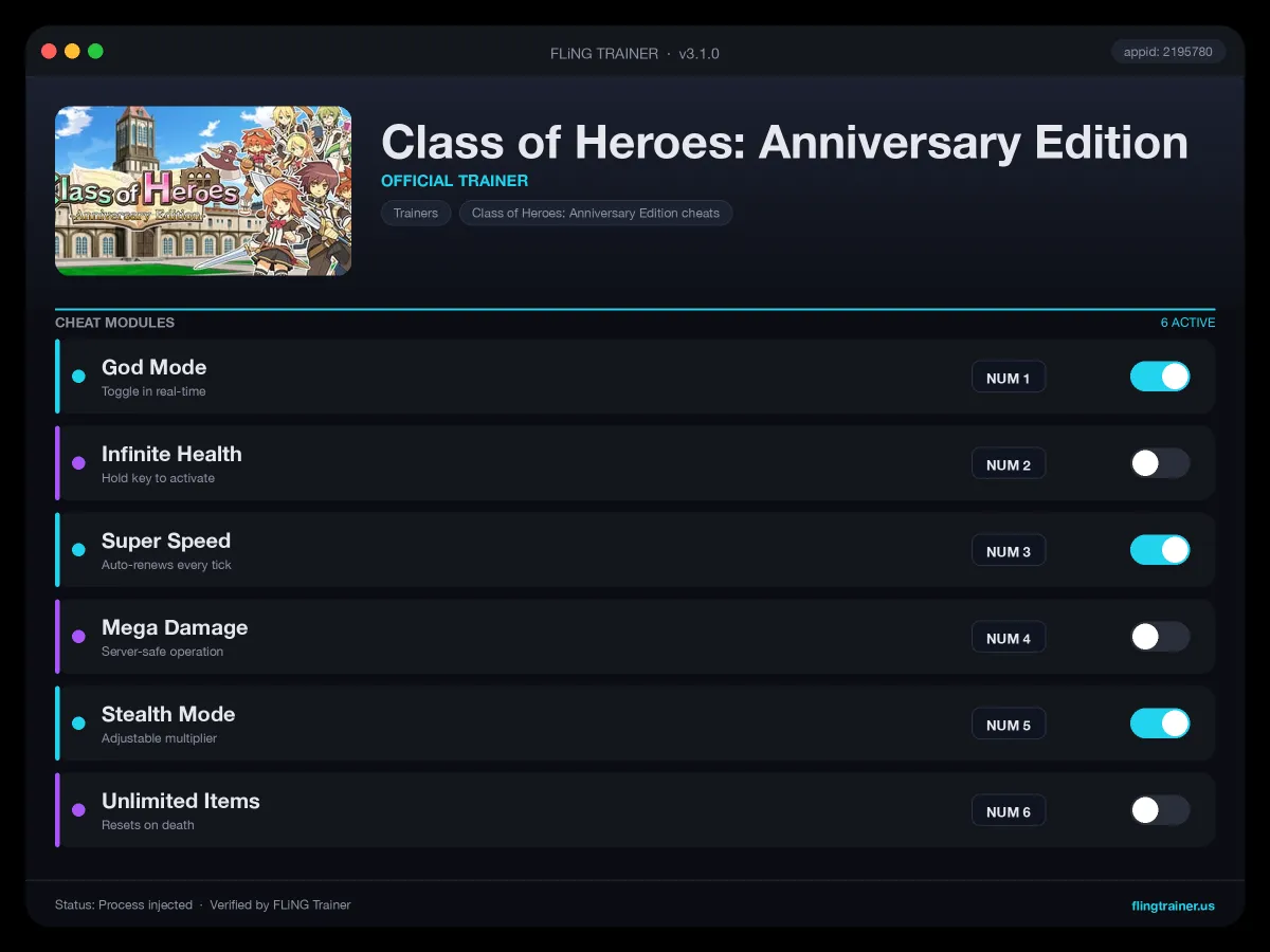 Class of Heroes: Anniversary Edition Trainer interface
