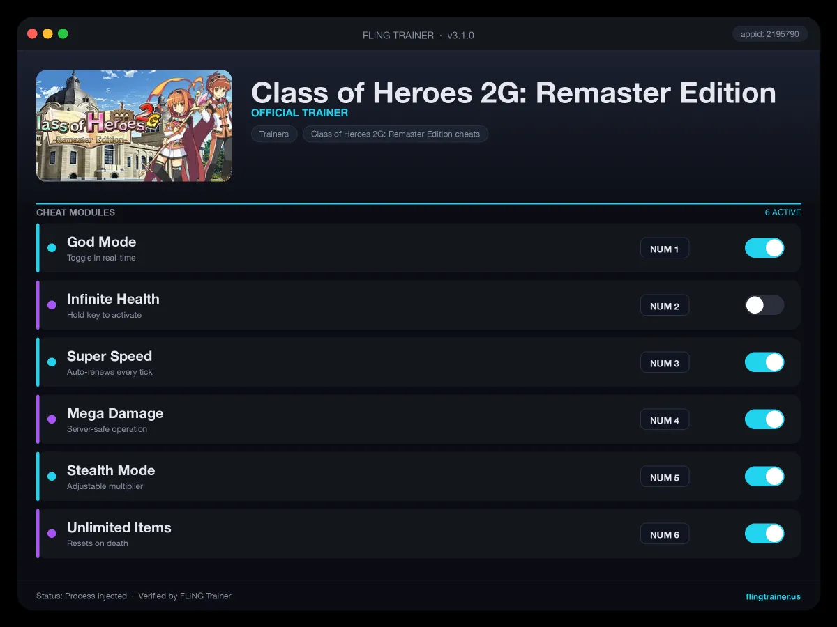 Class of Heroes 2G: Remaster Edition Trainer interface