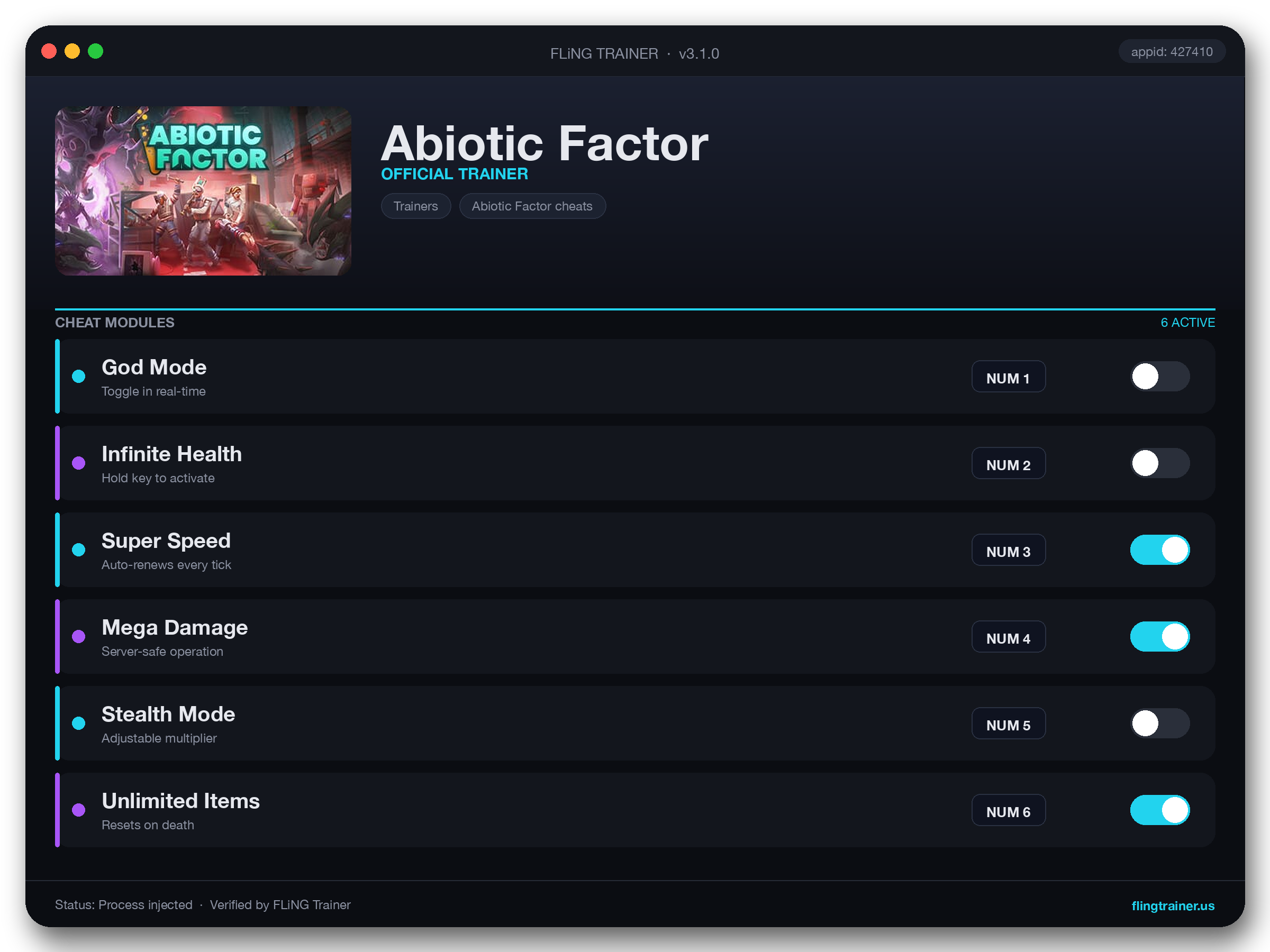 Abiotic Factor Trainer interface