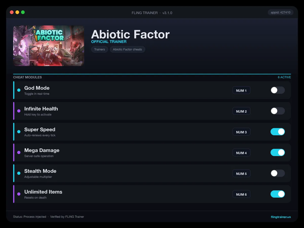Abiotic Factor Trainer interface