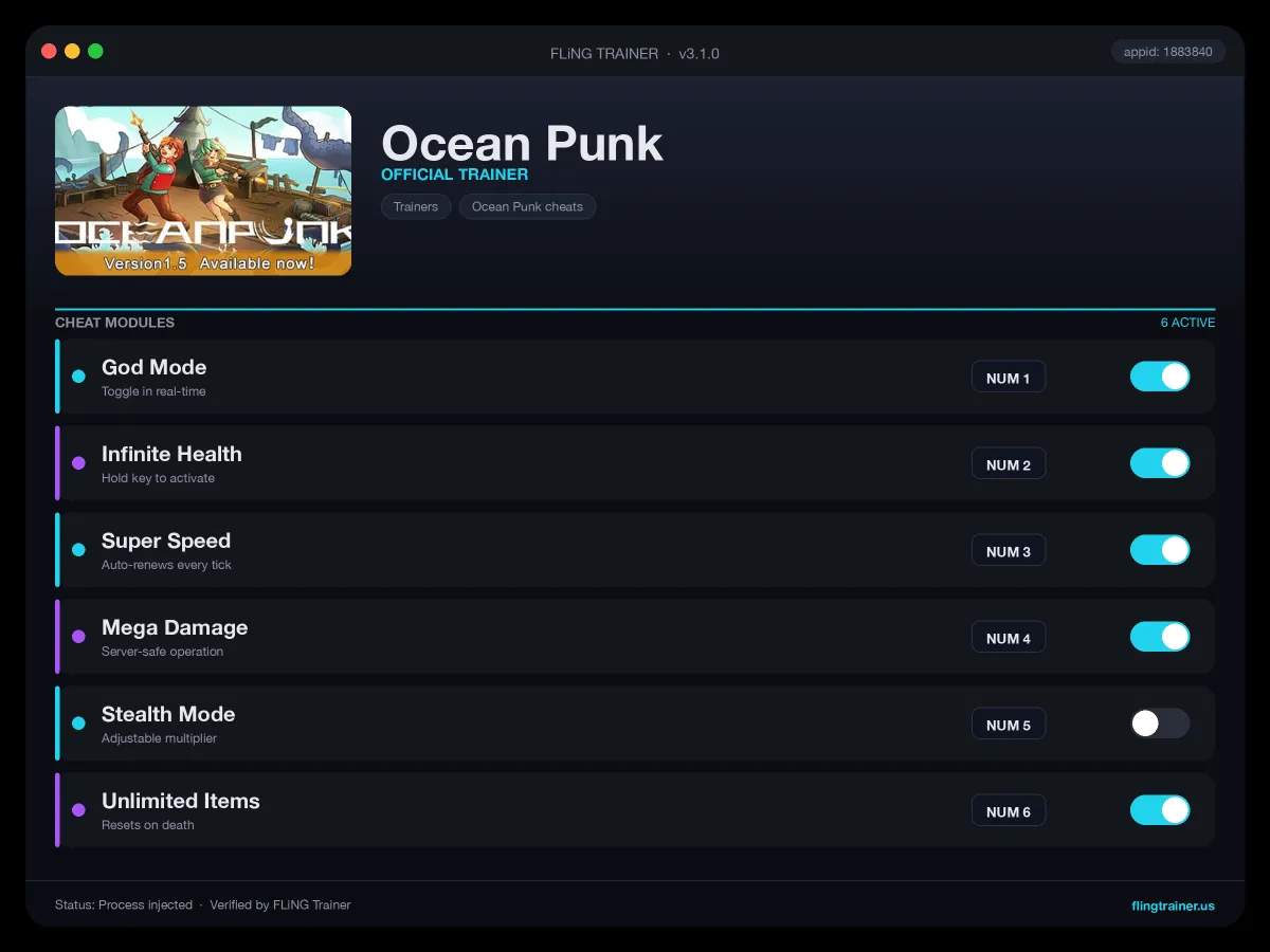 Ocean Punk Trainer interface
