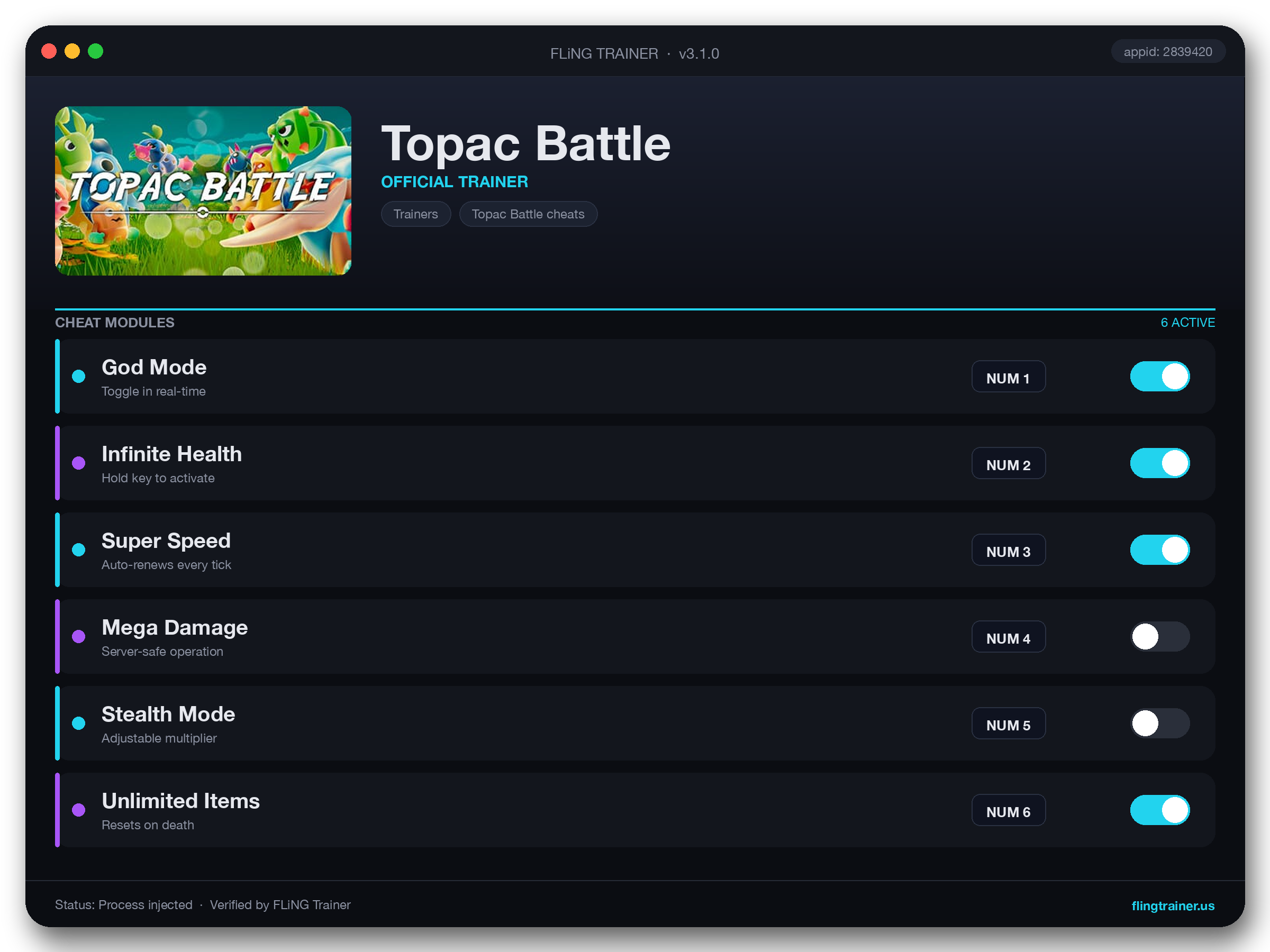 Topac Battle Trainer interface