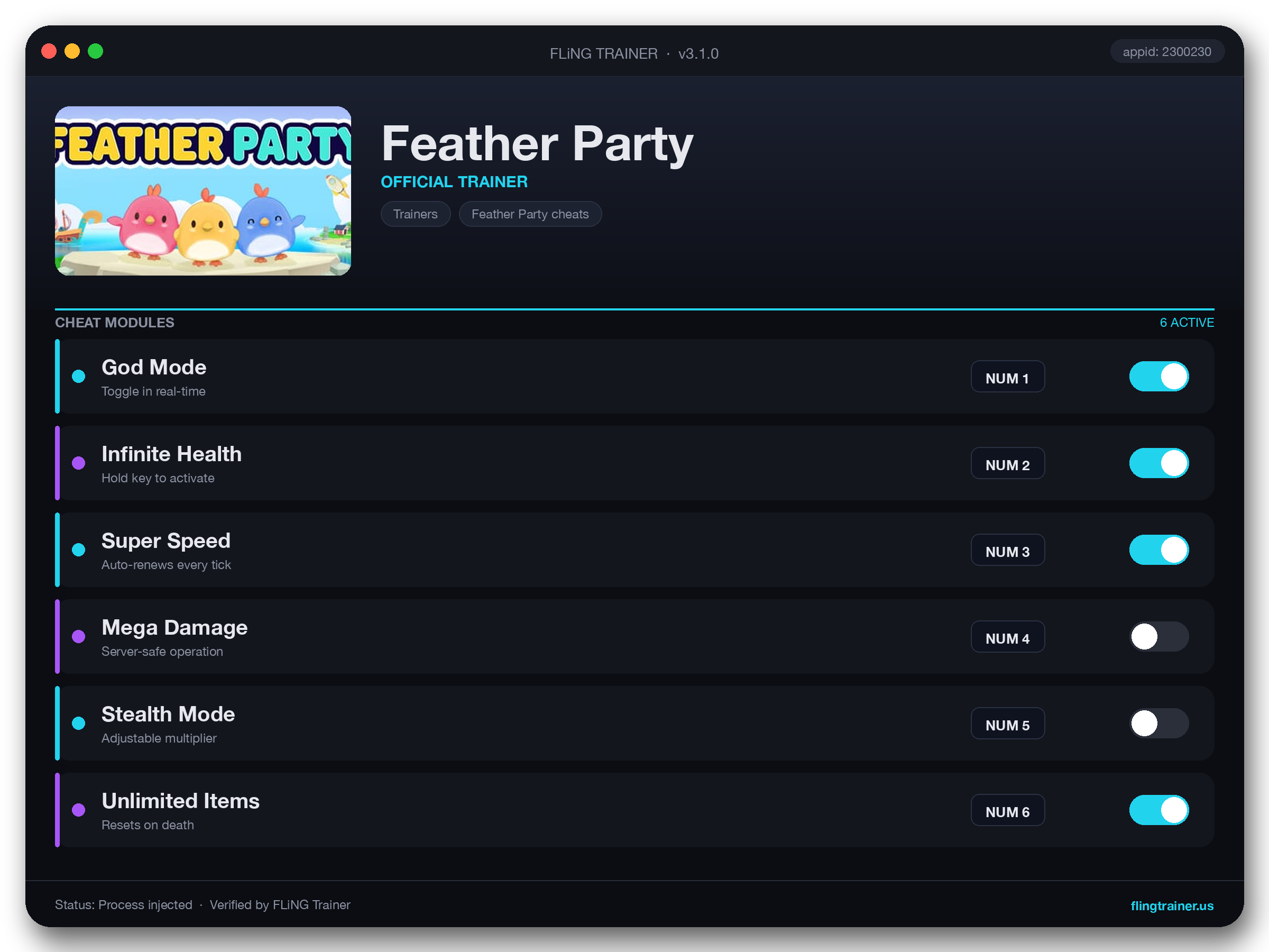 Feather Party Trainer interface