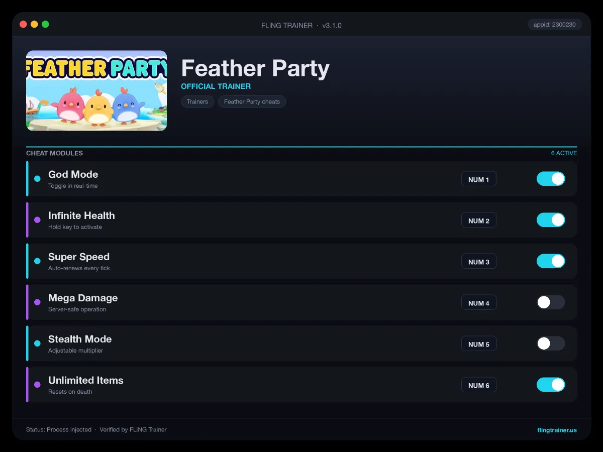 Feather Party Trainer interface