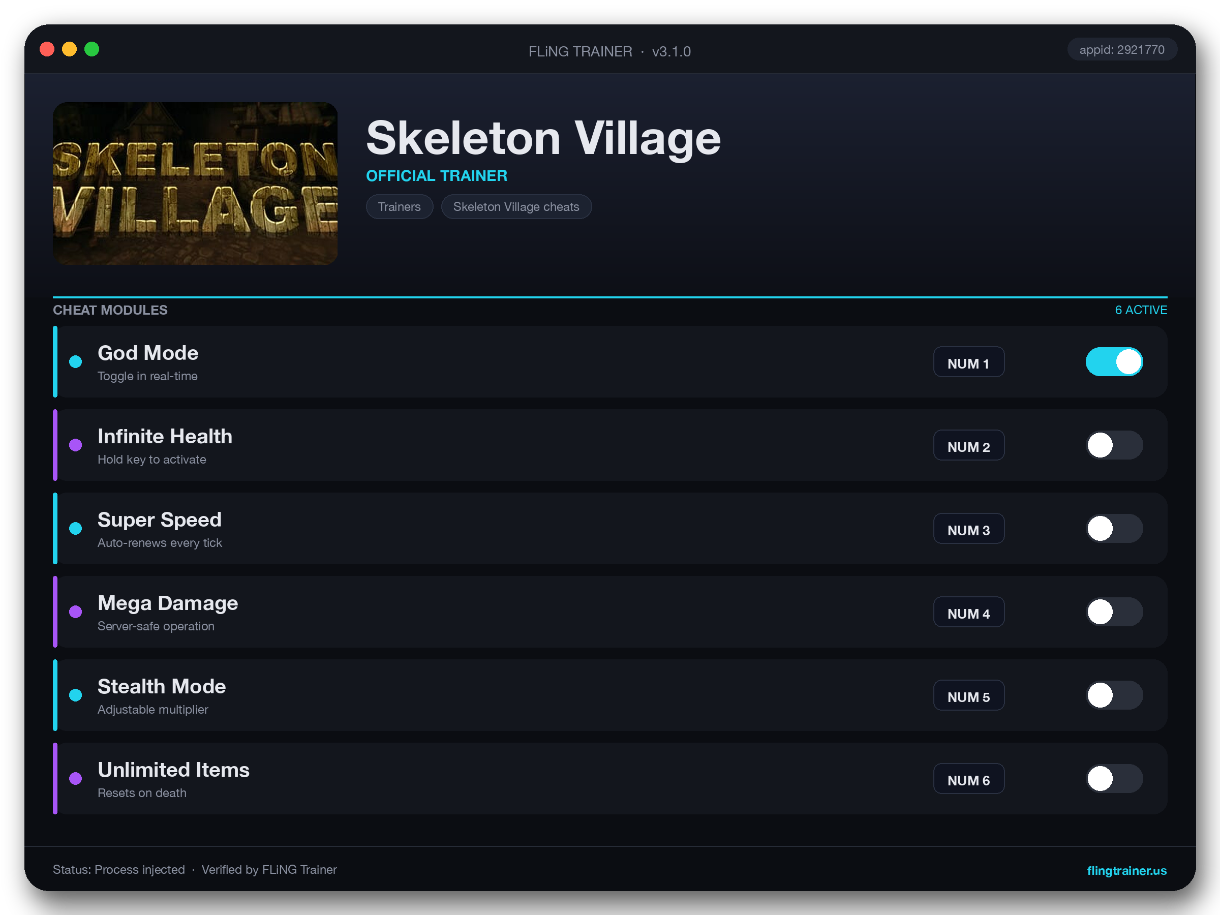 Skeleton Village Trainer interface
