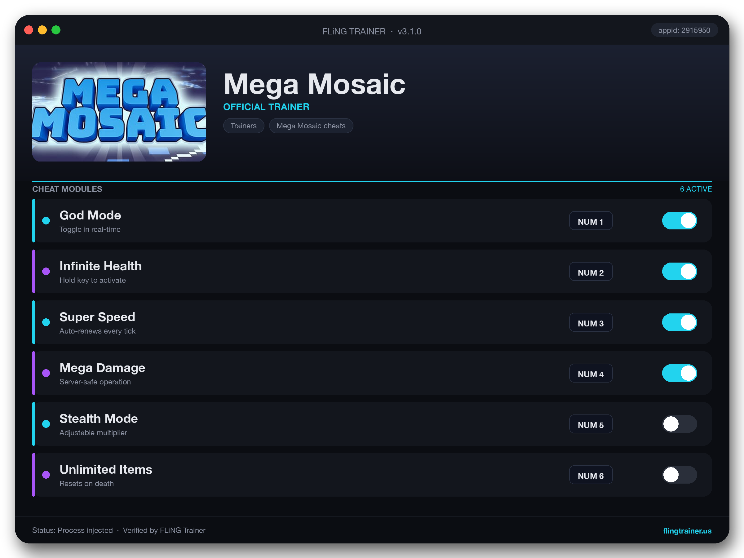 Mega Mosaic Trainer interface