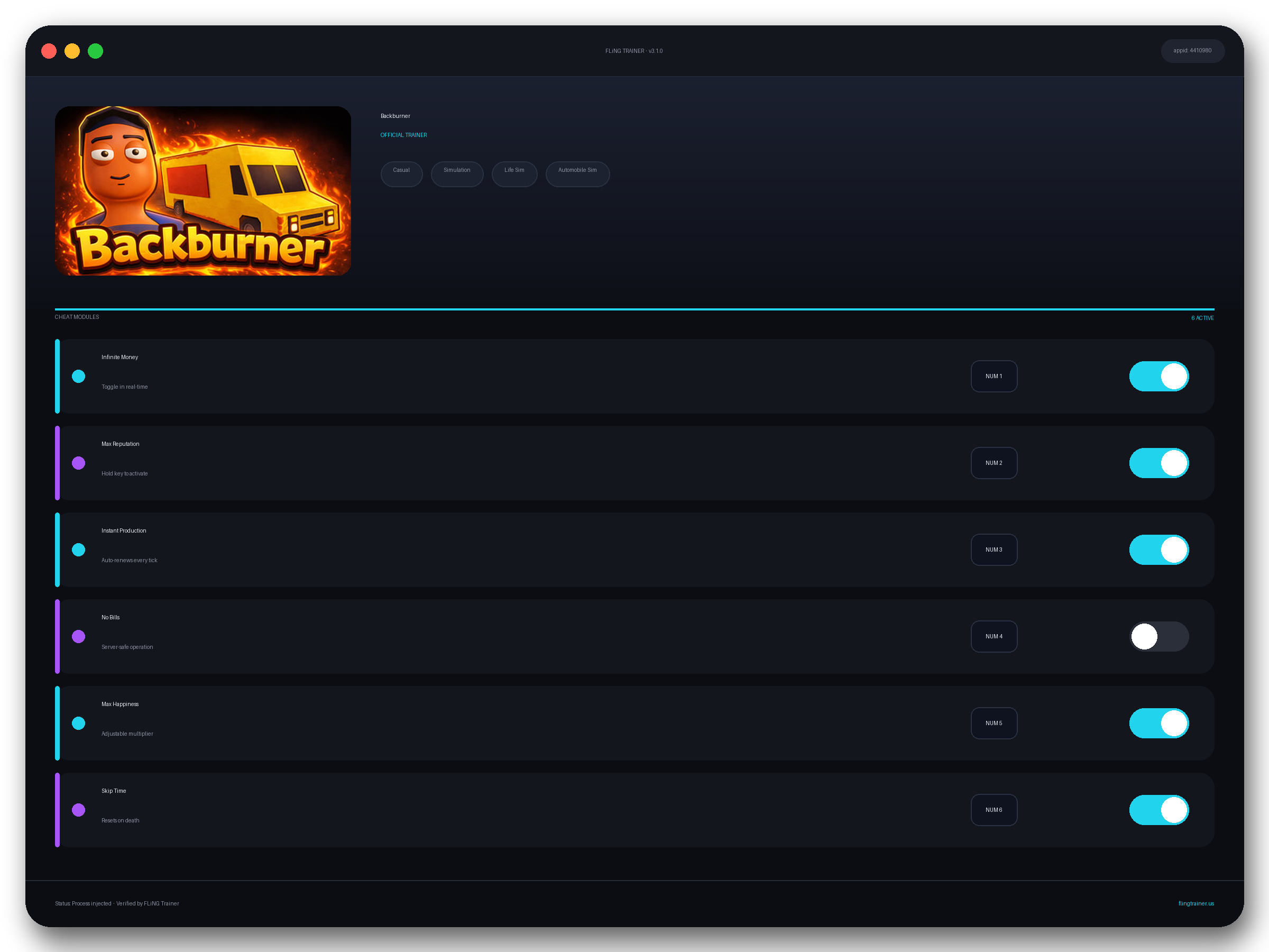 Backburner Trainer interface