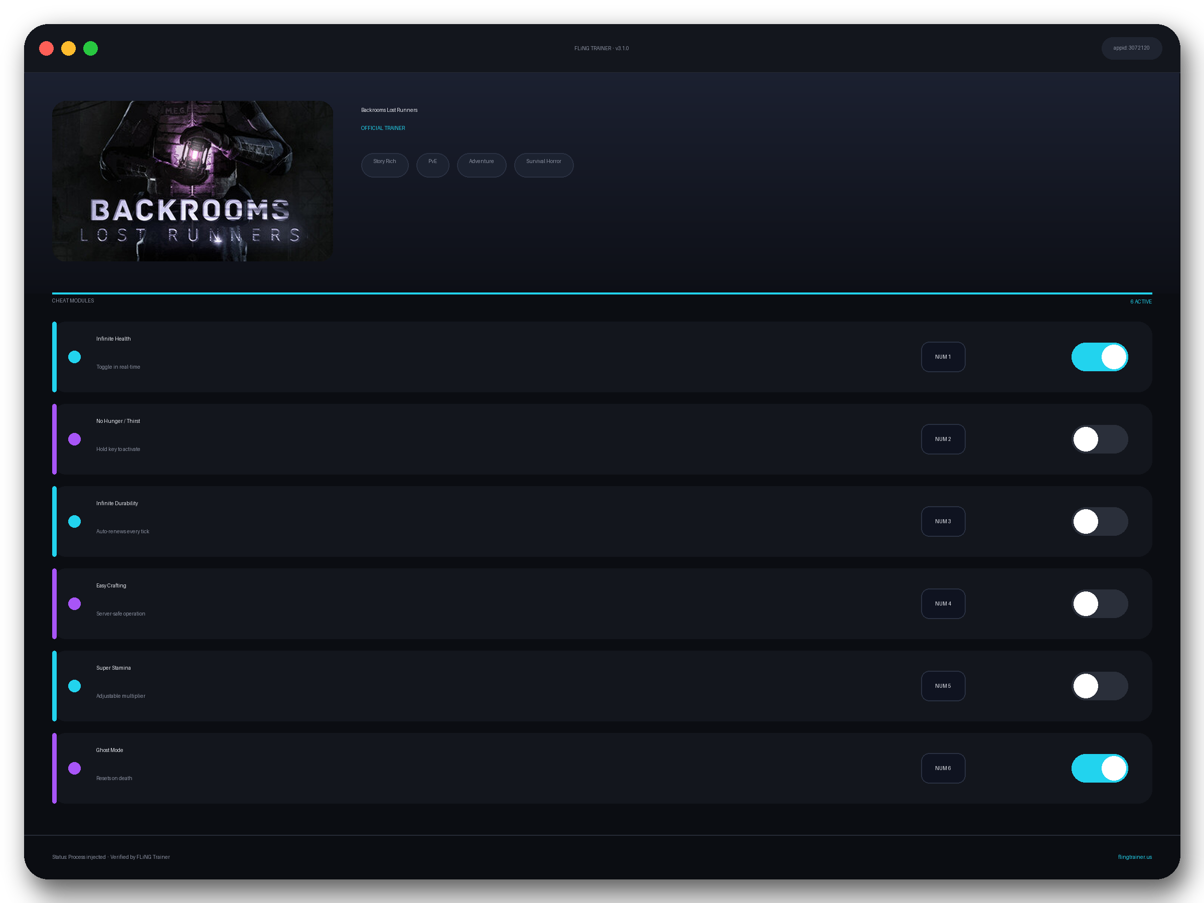 Backrooms Lost Runners Trainer interface