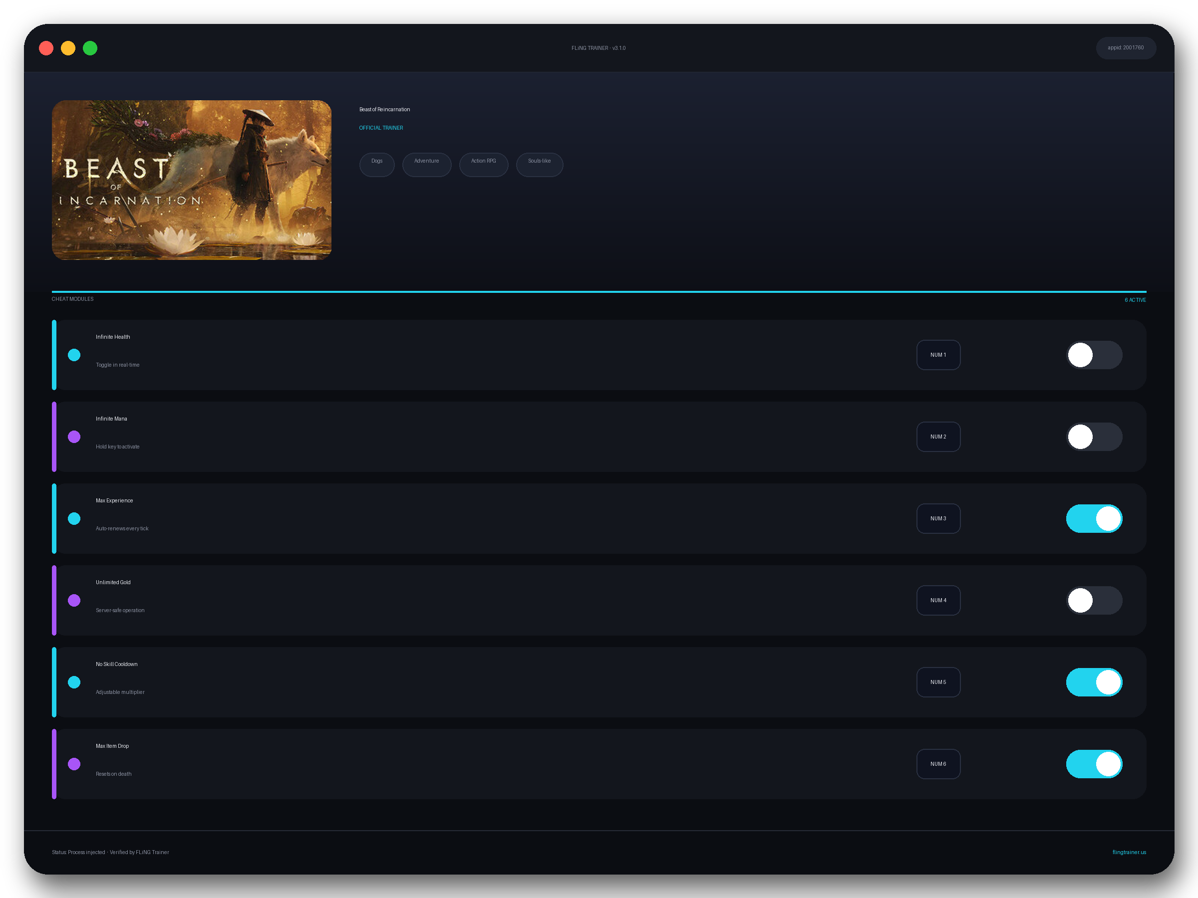 Beast of Reincarnation Trainer interface