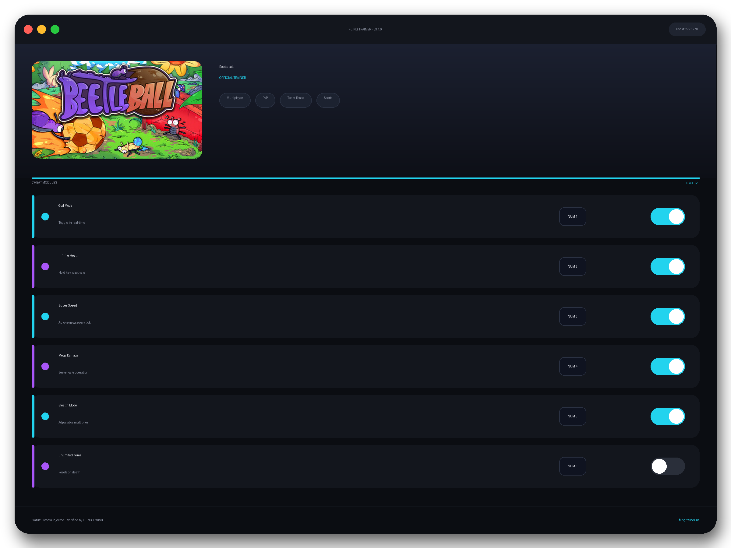 Beetleball Trainer interface