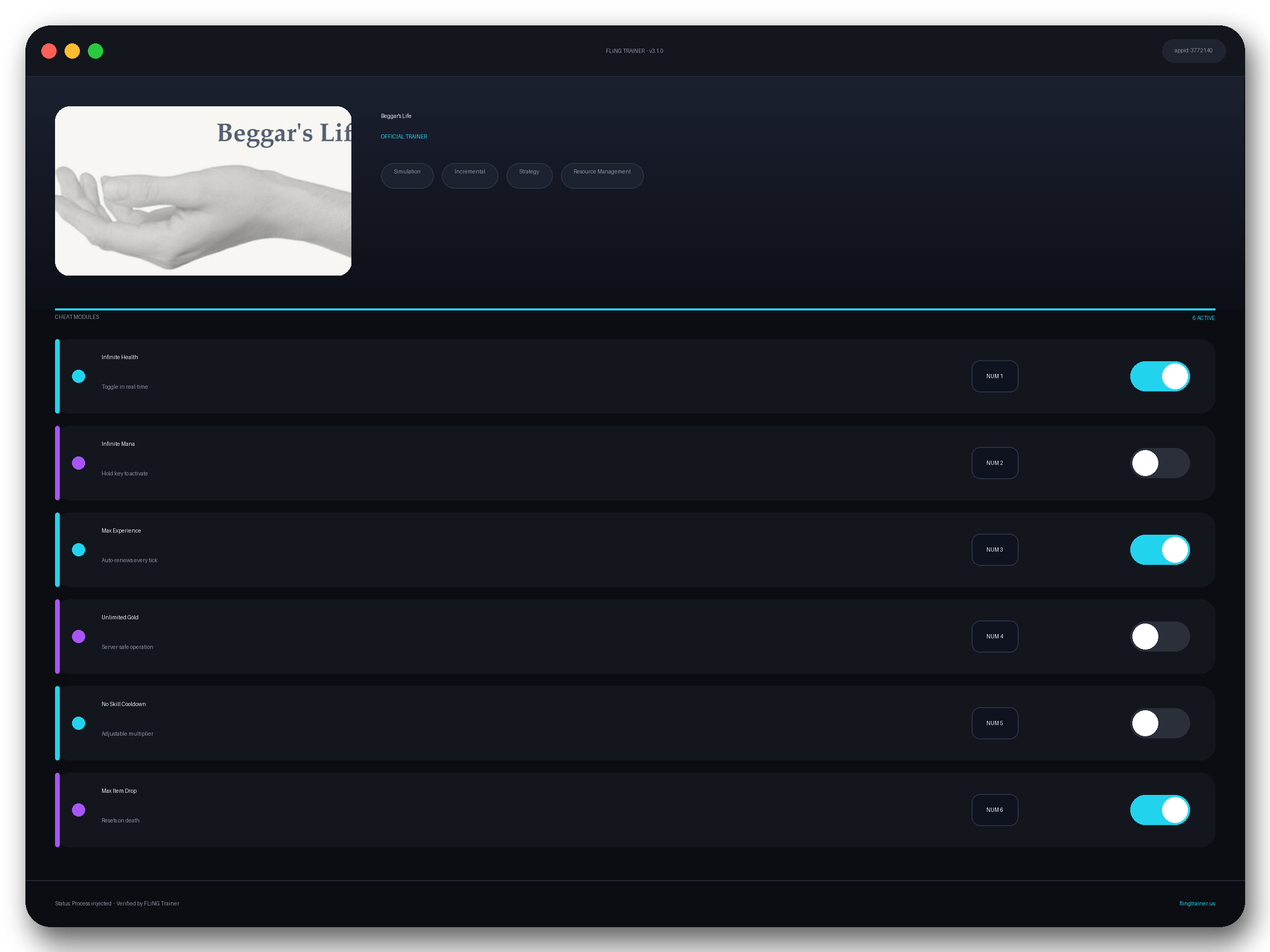 Beggar's Life Trainer interface