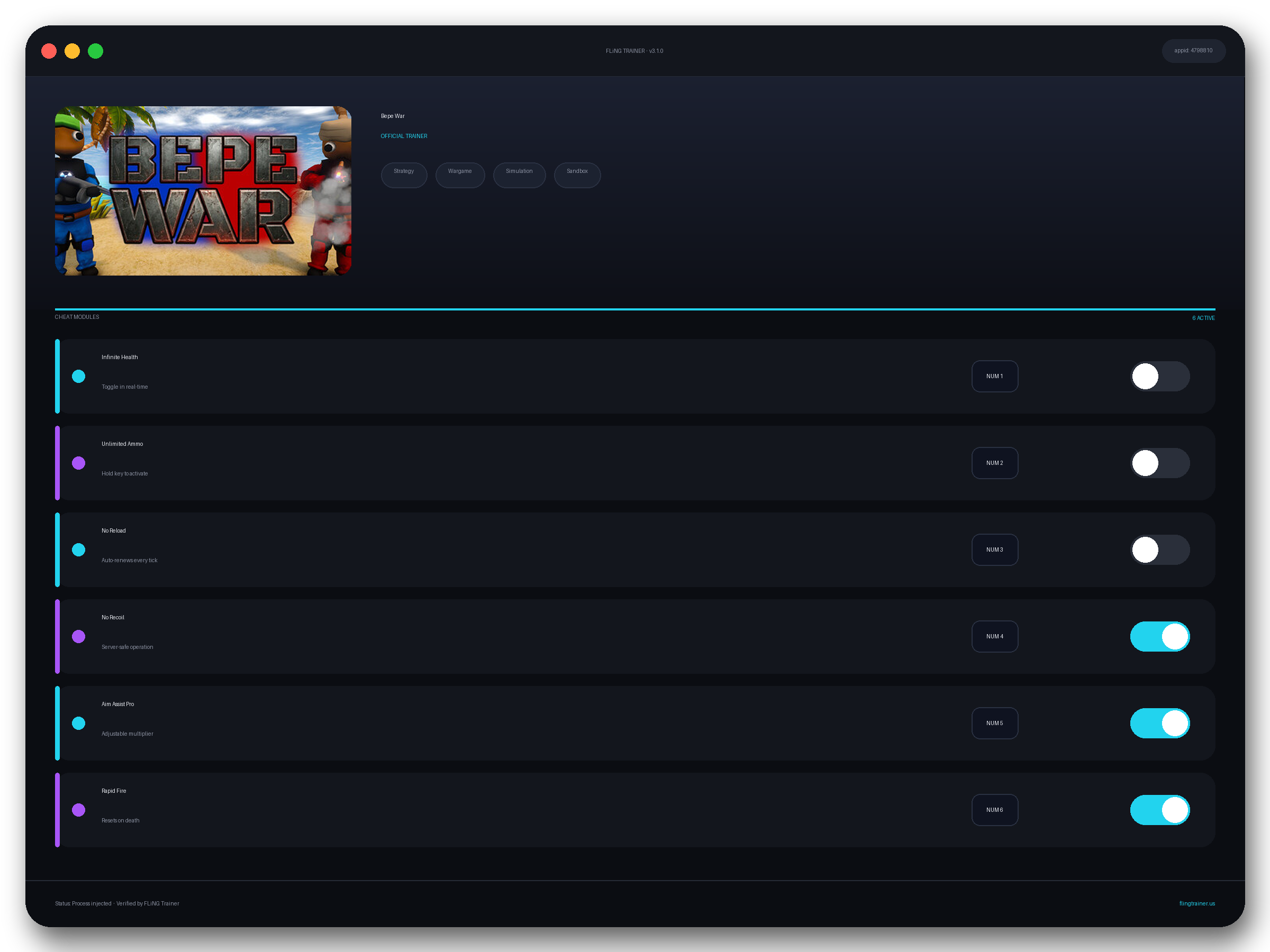 Bepe War Trainer interface