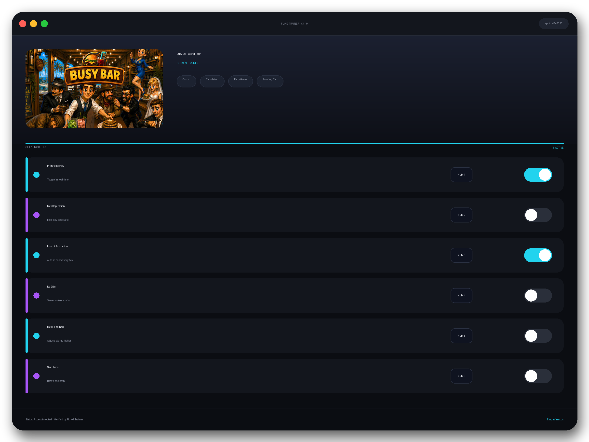 Busy Bar - World Tour Trainer interface