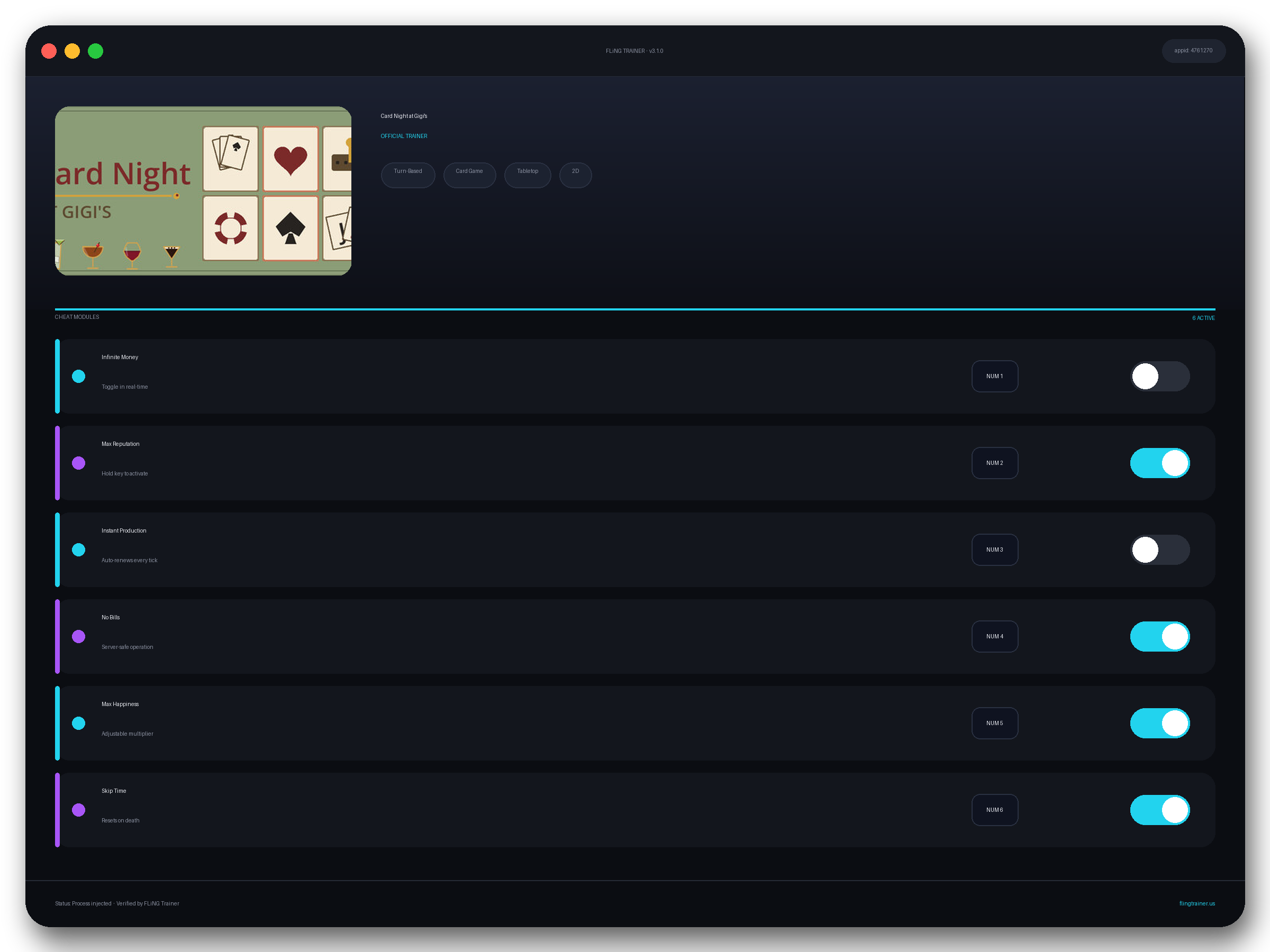 Card Night at Gigi's Trainer interface