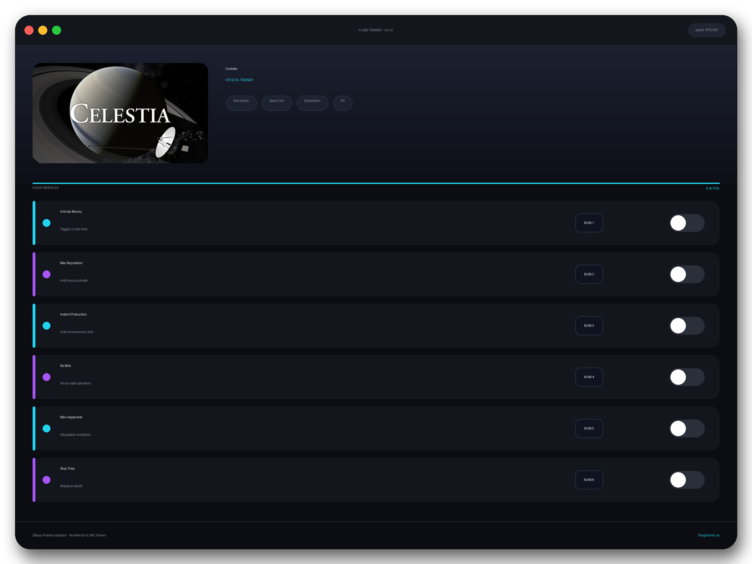 Celestia Trainer interface