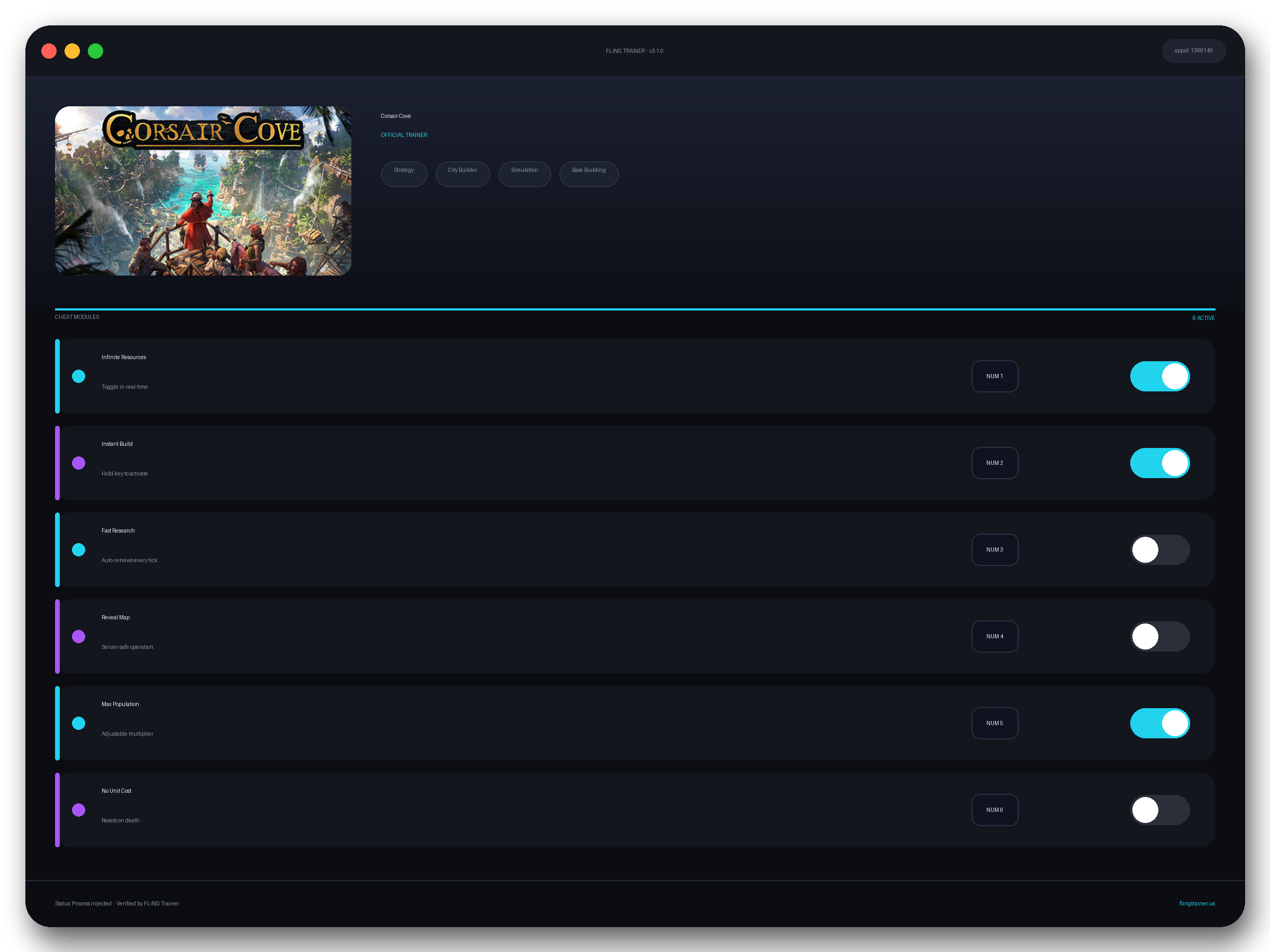 Corsair Cove Trainer interface