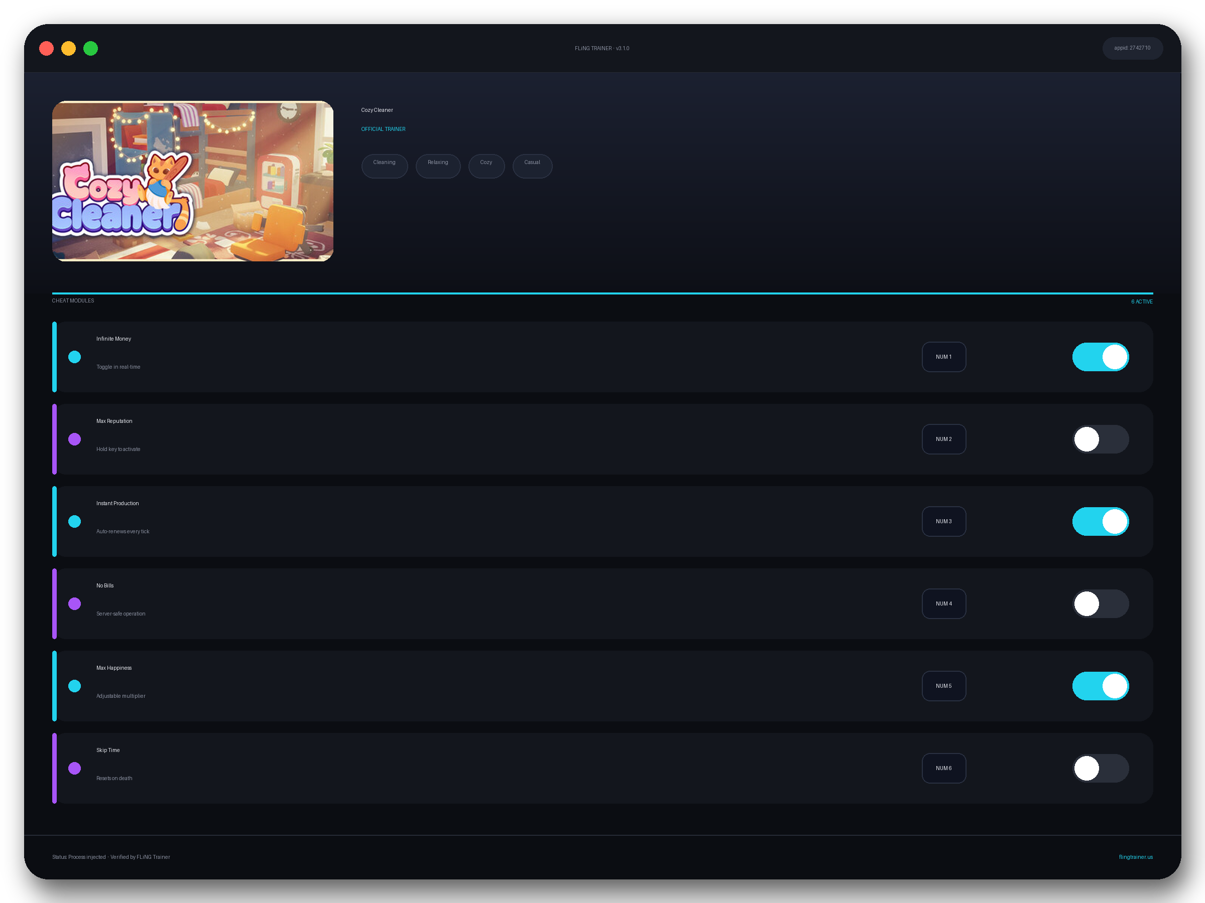 Cozy Cleaner Trainer interface