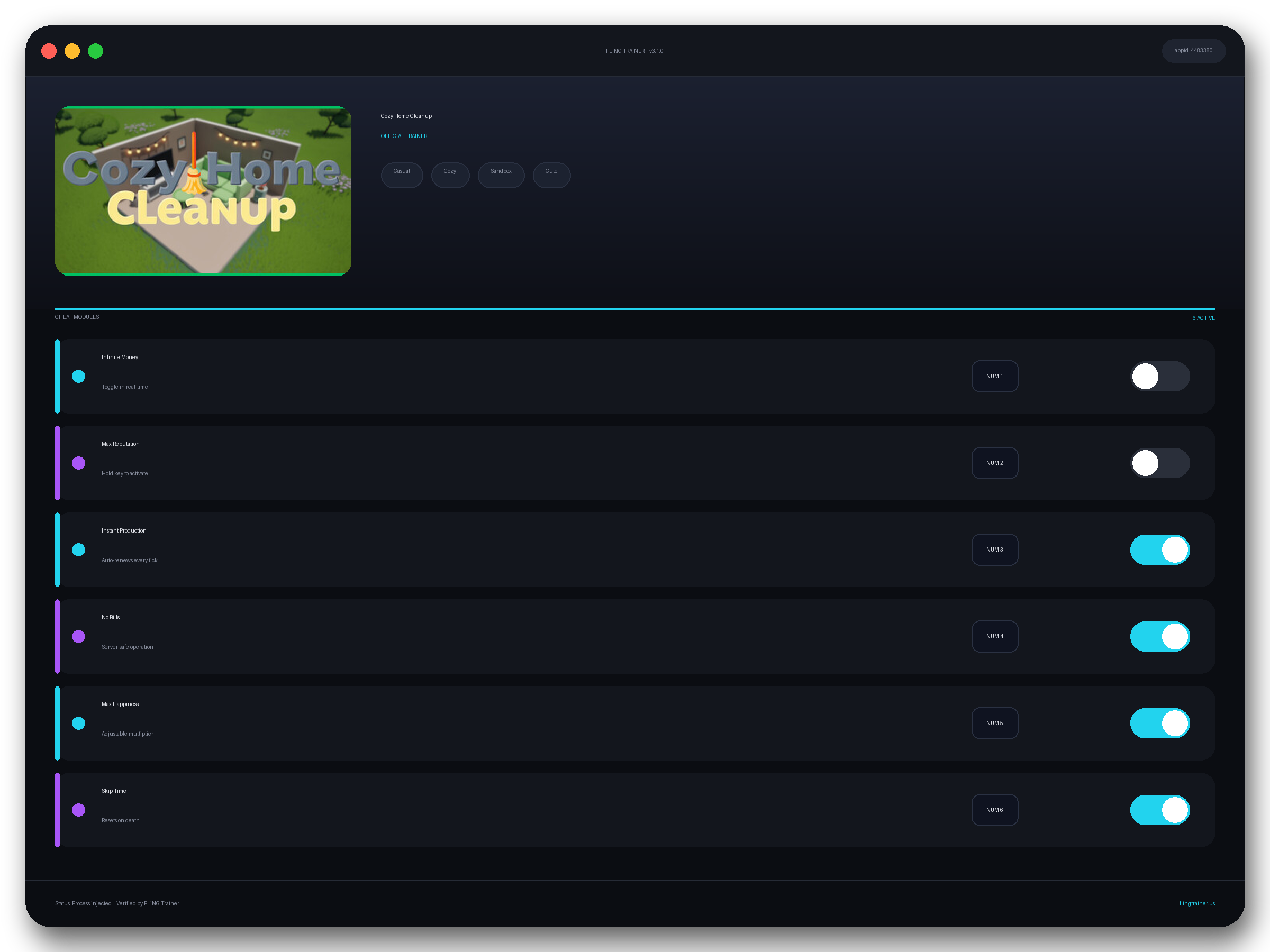 Cozy Home Cleanup Trainer interface