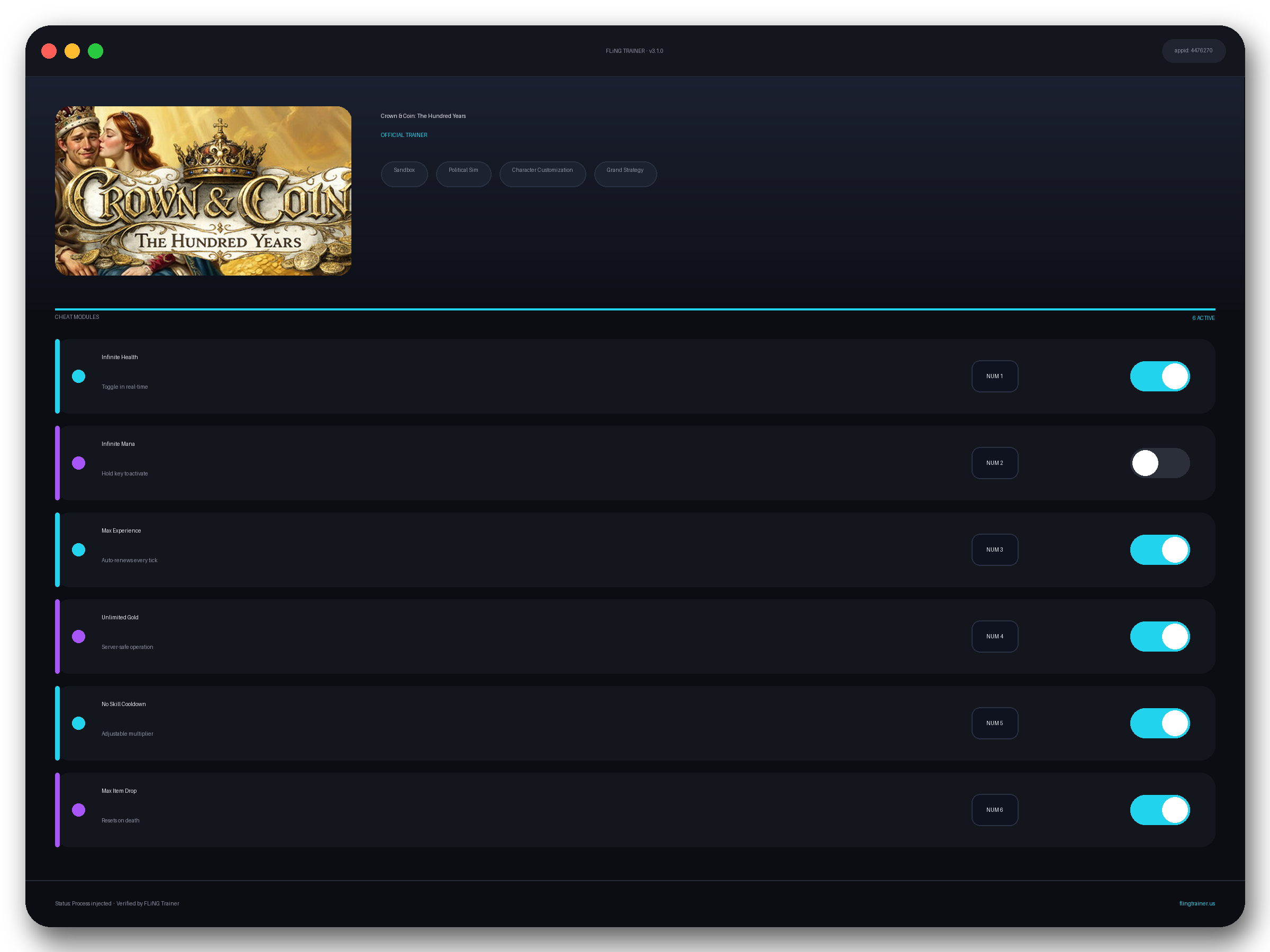Crown & Coin: The Hundred Years Trainer interface