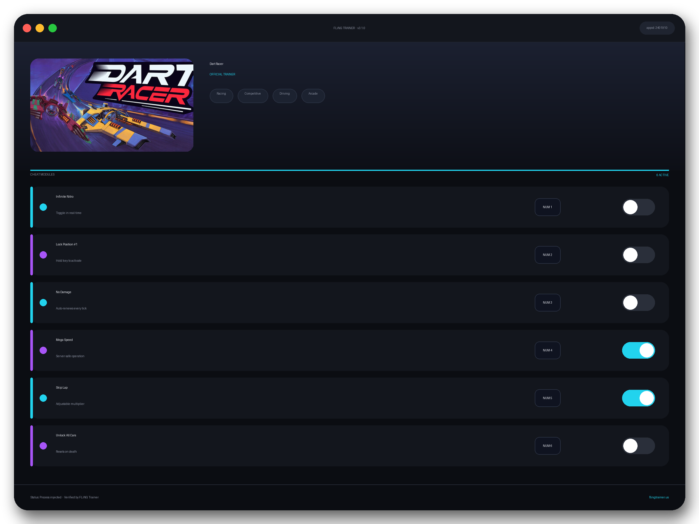 Dart Racer Trainer interface