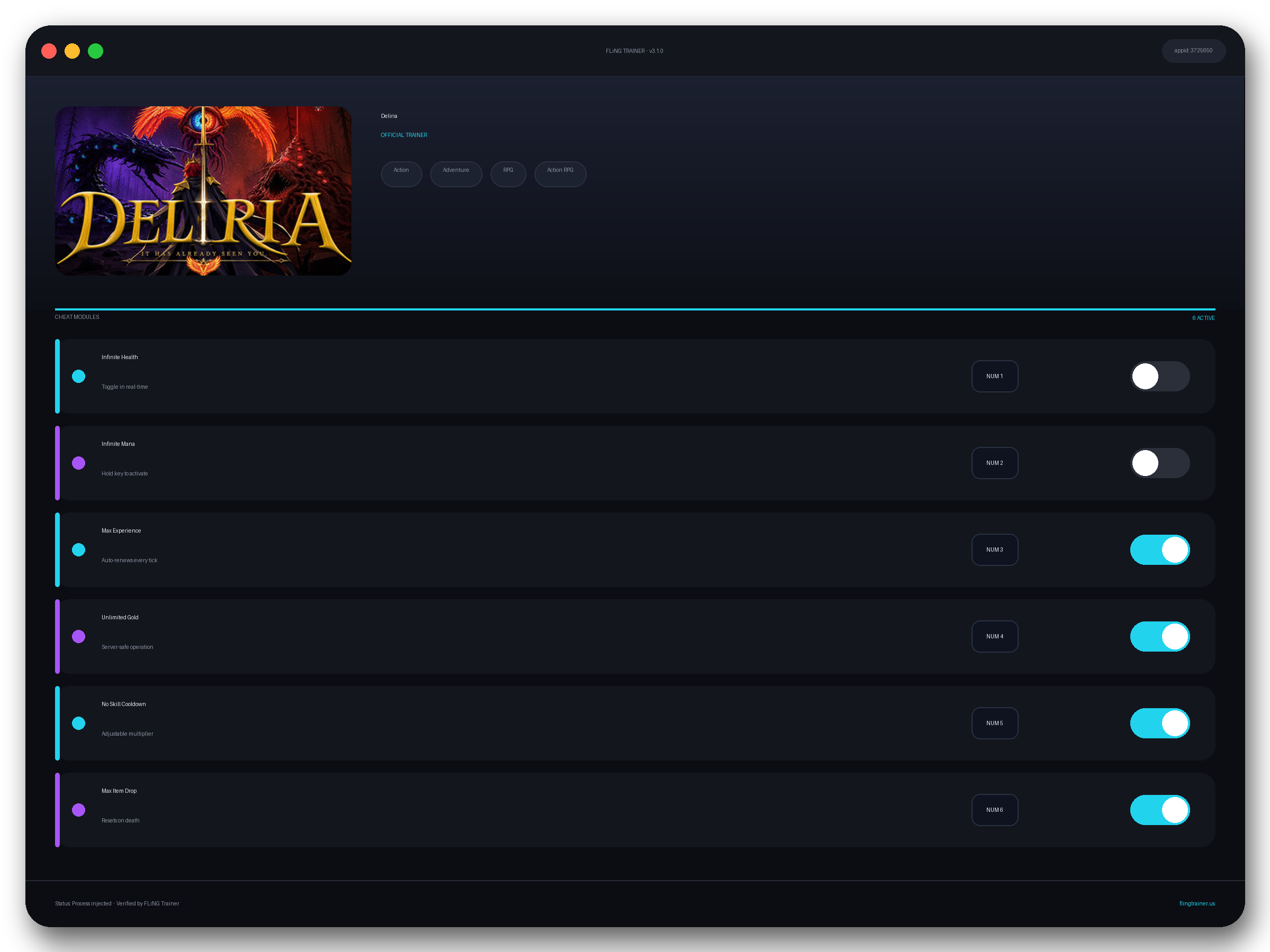 Deliria Trainer interface