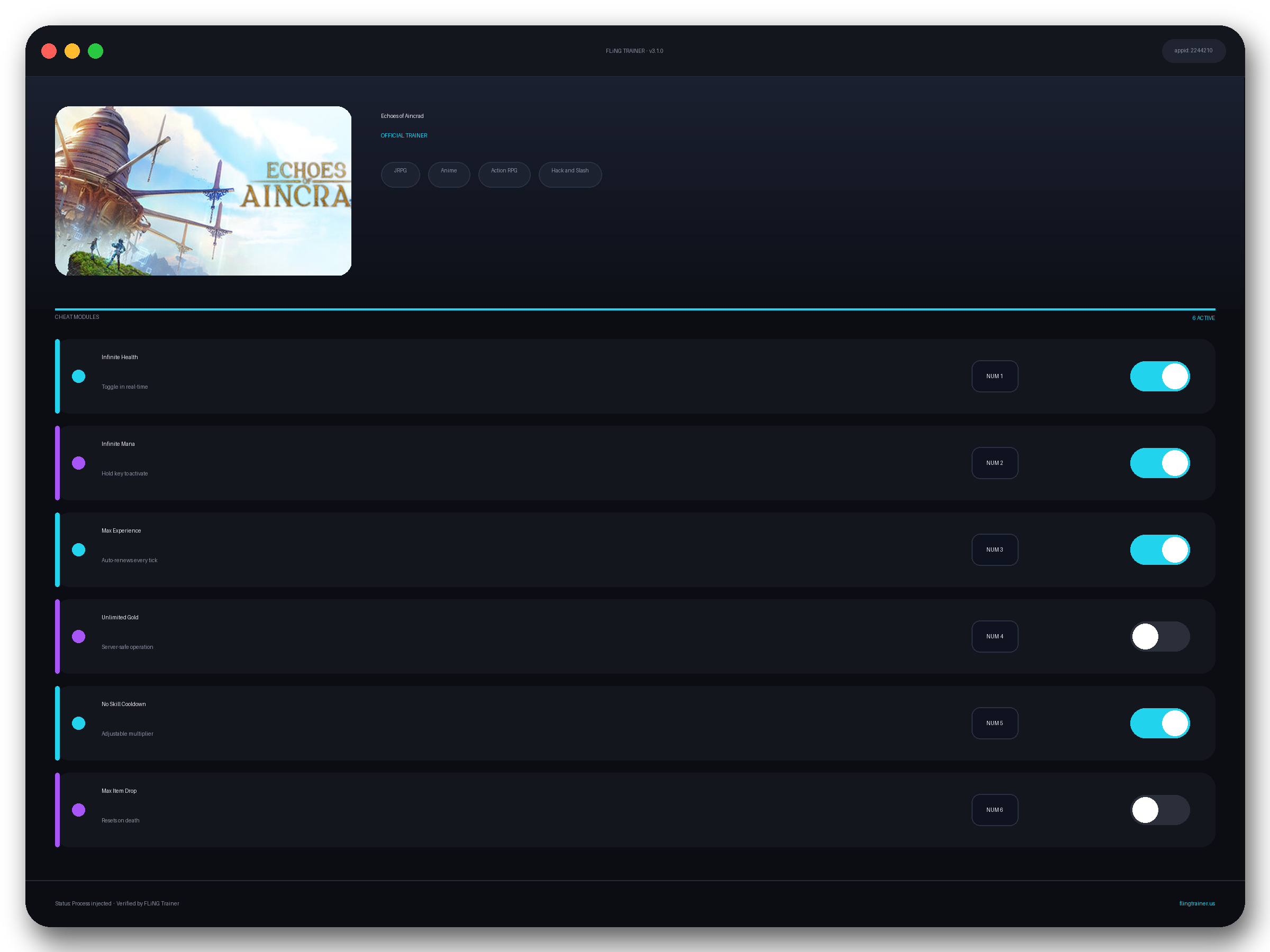 Echoes of Aincrad Trainer interface
