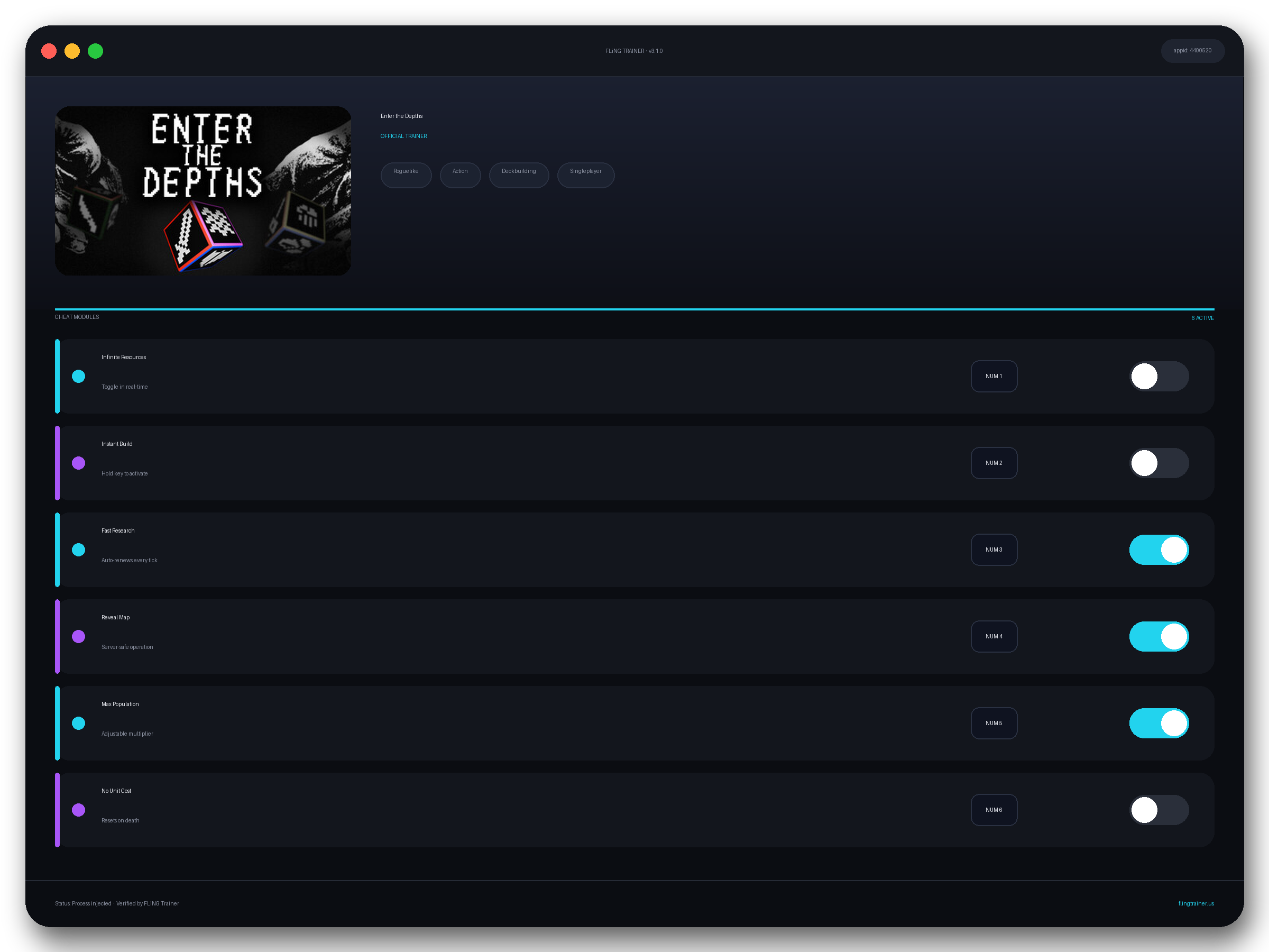 Enter the Depths Trainer interface