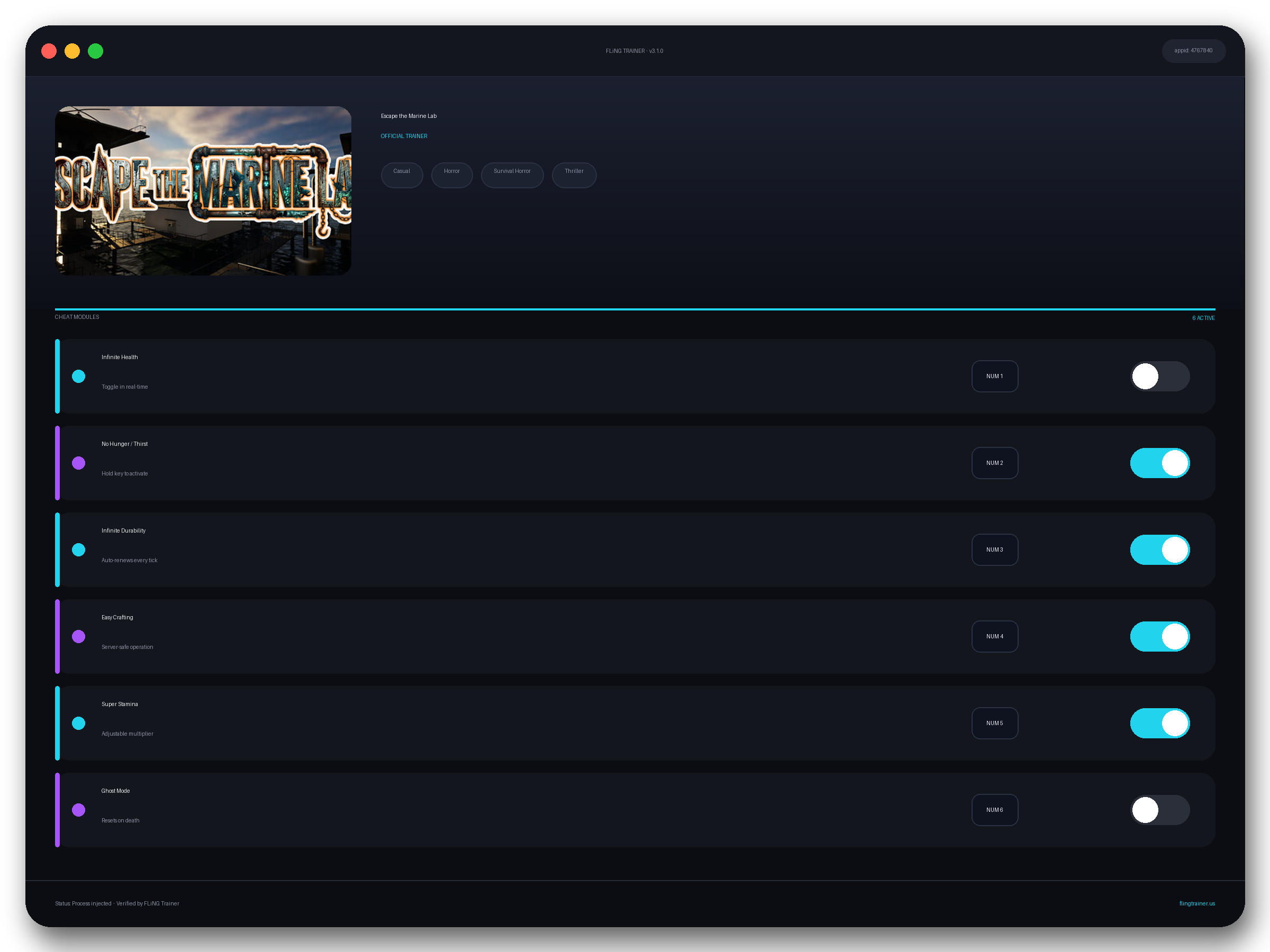 Escape the Marine Lab Trainer interface
