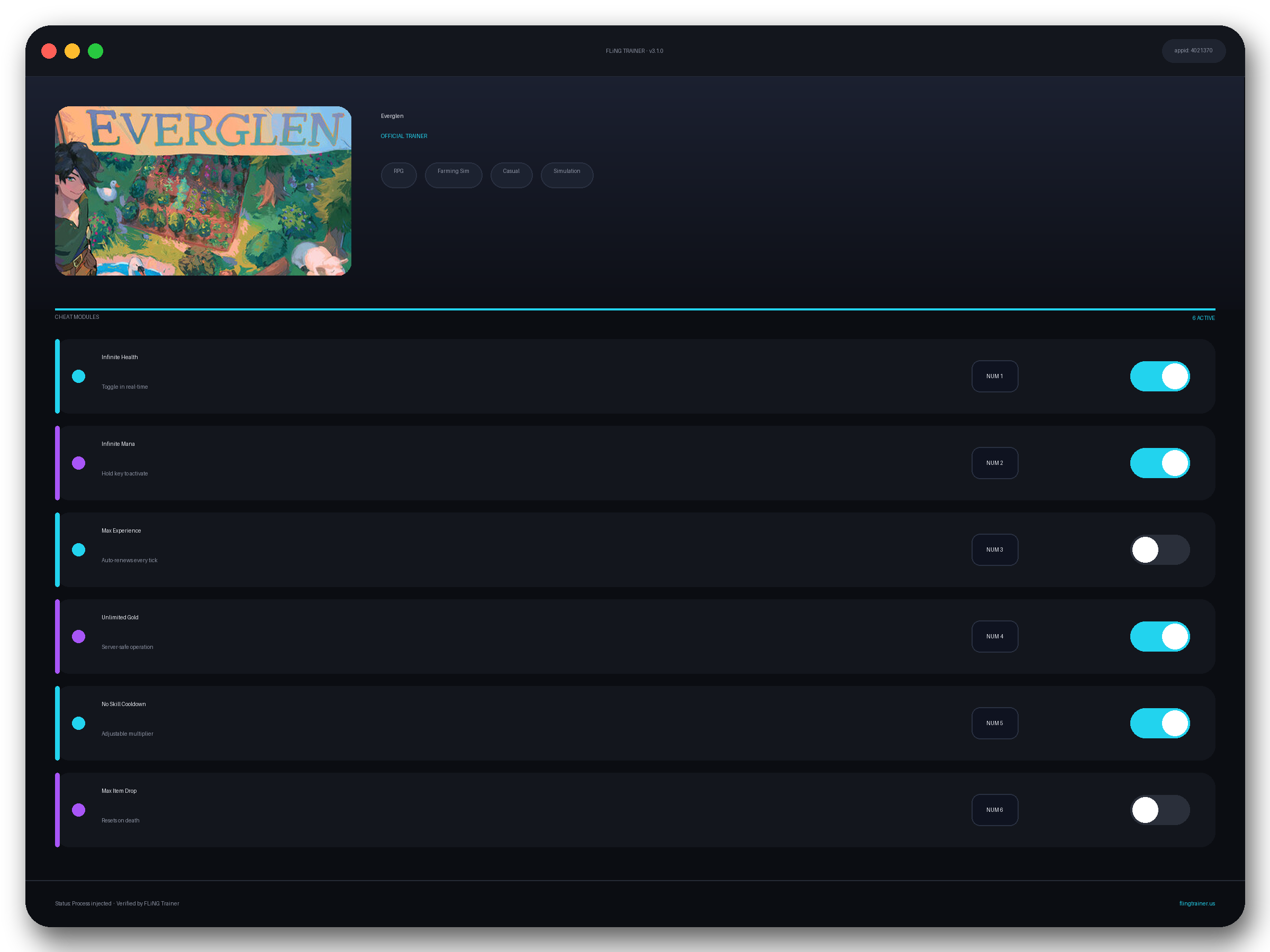 Everglen Trainer interface