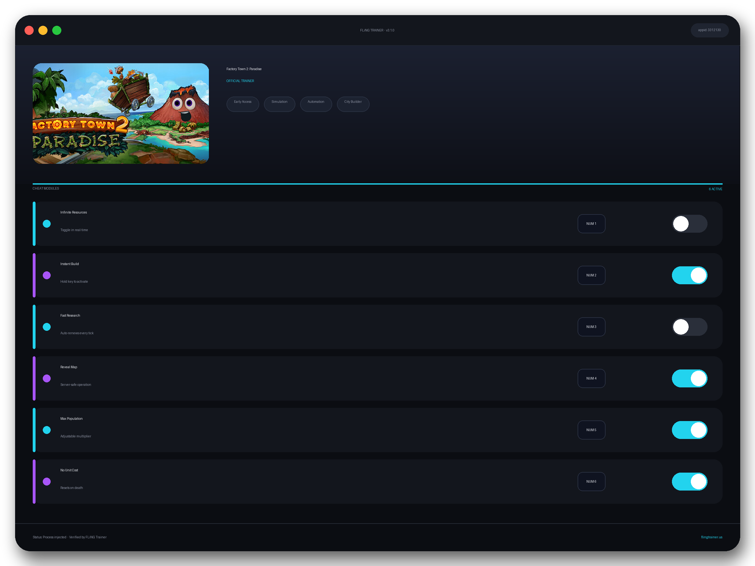 Factory Town 2: Paradise Trainer interface