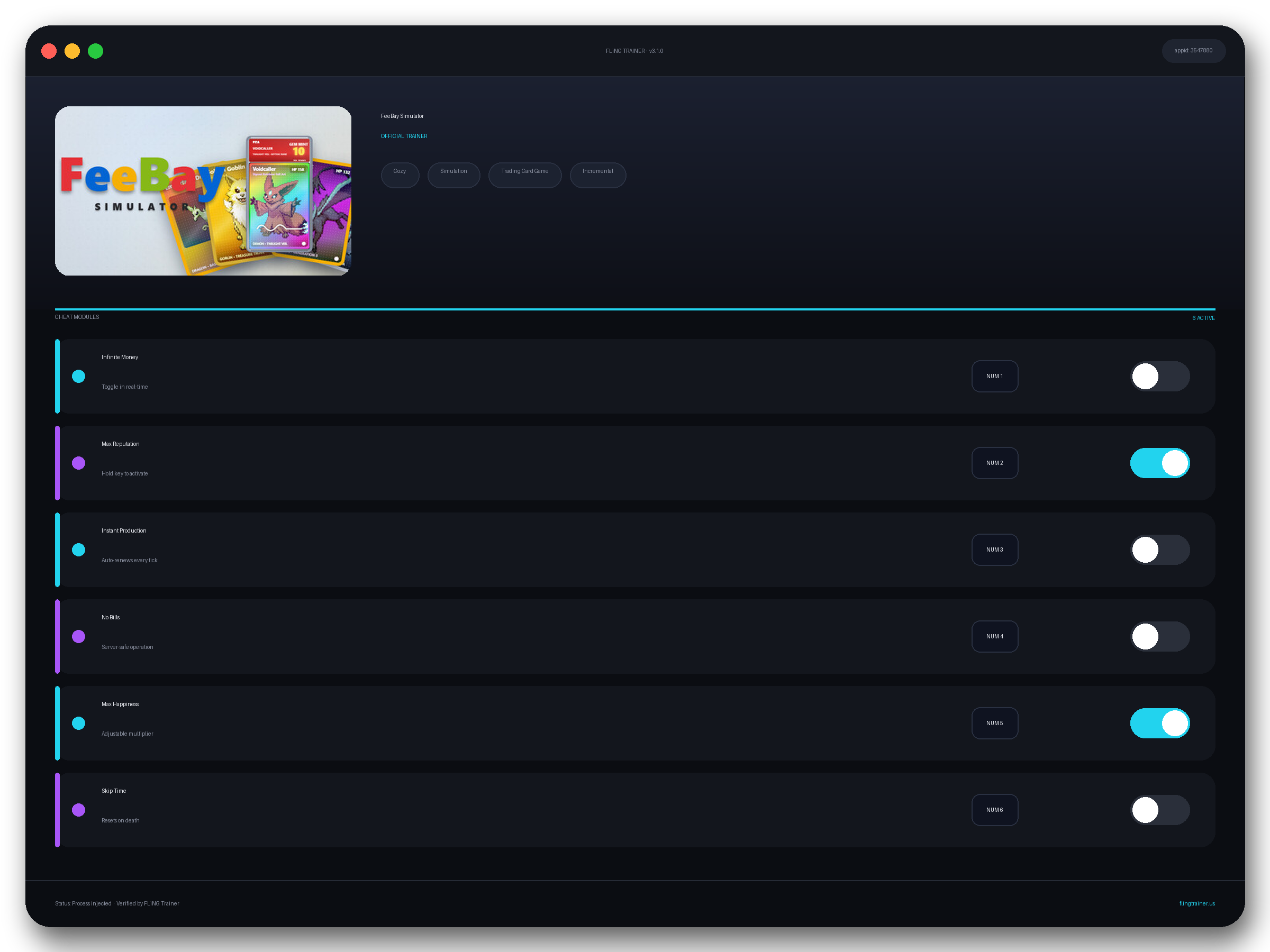 FeeBay Simulator Trainer interface