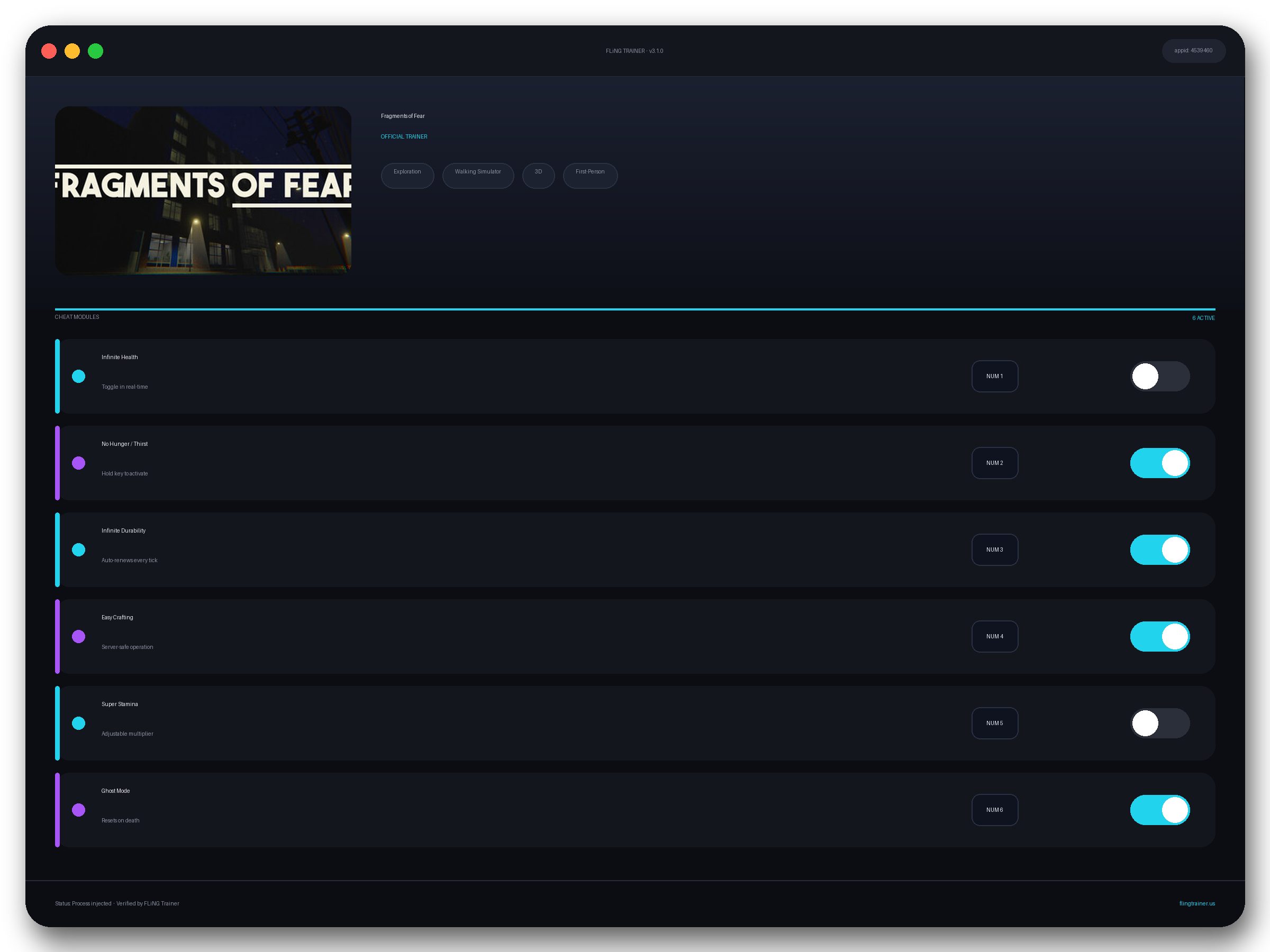 Fragments of Fear Trainer interface